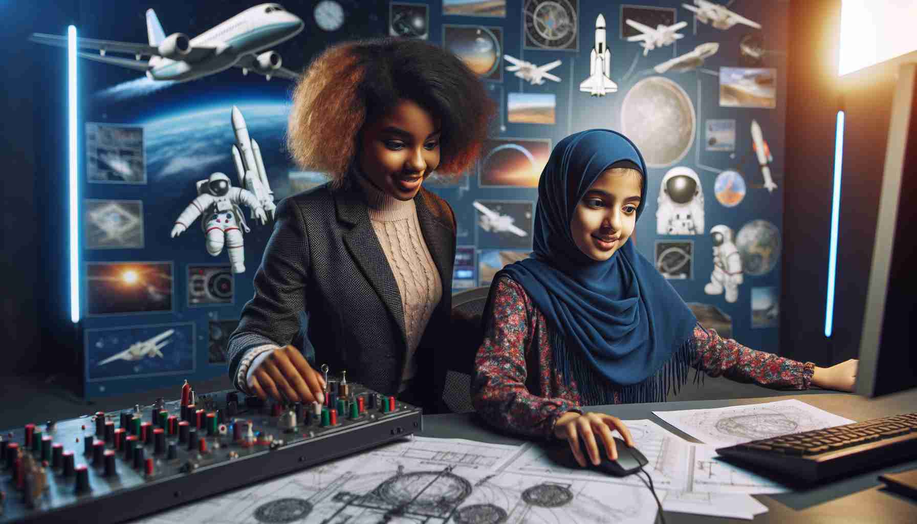 Create a high definition, realistic picture of a diverse scene focusing on the empowerment of girls in the field of aerospace. This scene includes a Middle-Eastern girl and a Black girl engaged in innovative educational experiences. They might be operating a flight simulator or studying satellite blueprints. They are surrounded by images of space, rockets, and aircraft, conveying a thematic connection to aerospace. The overall atmosphere should be one of determination, curiosity, and inspiration, highlighting the idea of pioneering, exploratory spirit in the field of space exploration and flight.