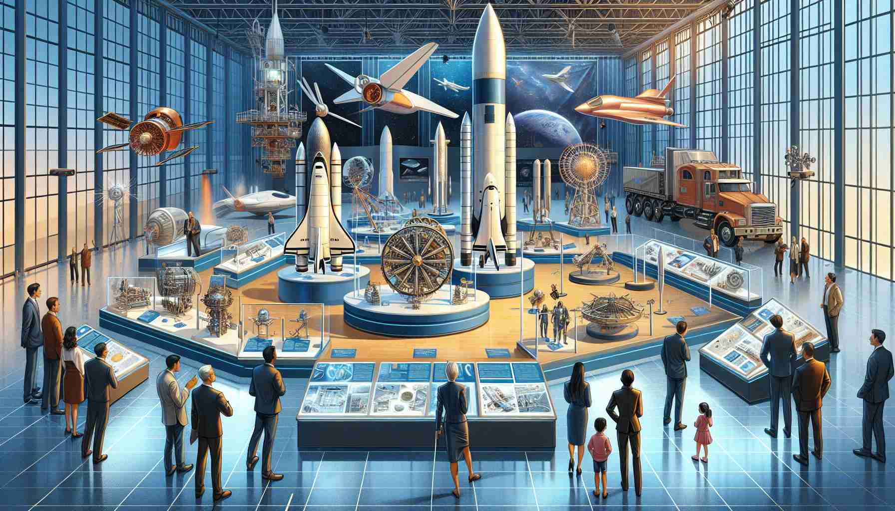 Create a realistic, high-definition depiction capturing an event titled 'Unveiling the Secrets of Aerospace Achievements'. Display an exhibition hall filled with innovative aerospace designs and models. Include a variety of recent and prospective spacecrafts, rockets, satellites, and aeronautical technology. There should be onlookers composed of a diverse group of individuals expressing awe and excitement. Include a Caucasian male presenting, a Black female aerospace engineer examining a model, and a South Asian child observing with curiosity. Also depict various informational plaques providing intricate details about each piece of aerospace technology on display.