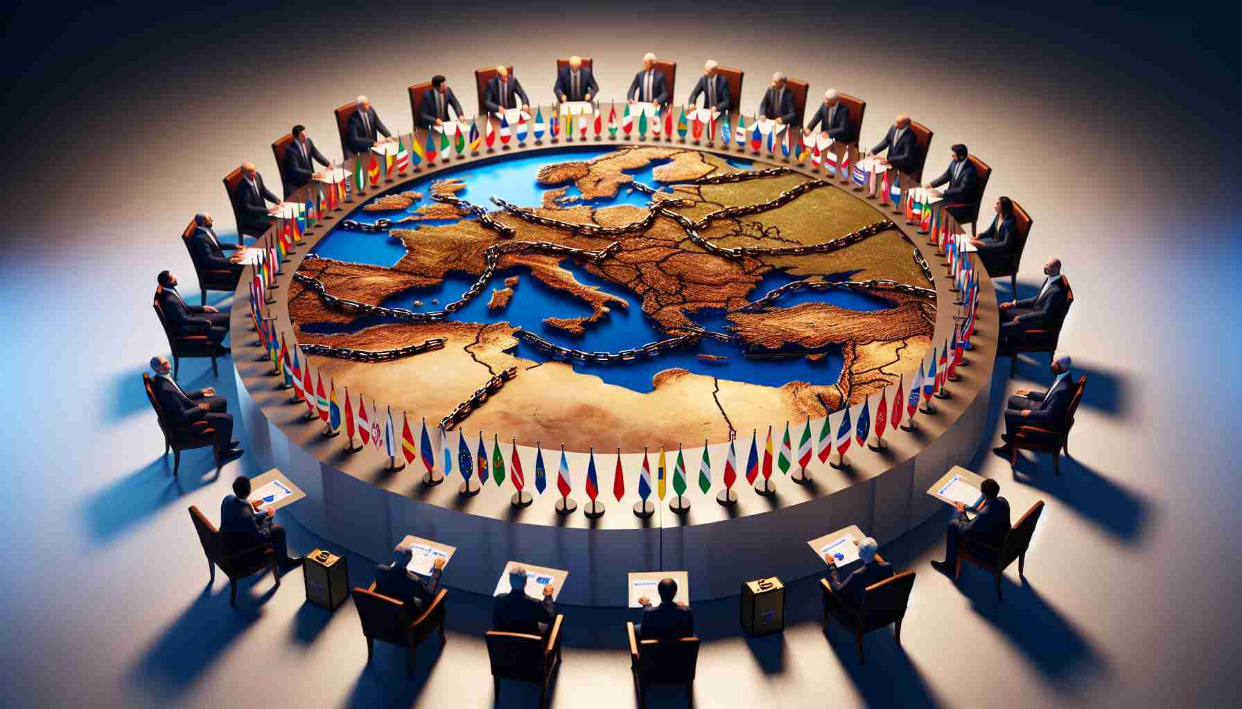 A realistic high-definition image depicting a metaphorical scene to represent the European Union contemplating potential sanctions on Iran's aviation sector. The scene features a large round table, with metaphorical representations of the European countries involved in the decision making. Each 'country' is symbolized by a person of a different descent and gender, reflecting Europe's diversity. On the table there is a big map of Iran, highlighted specifically on its aviation hubs, and scattered around it are symbolic representations of sanctions, such as chains or padlocks.