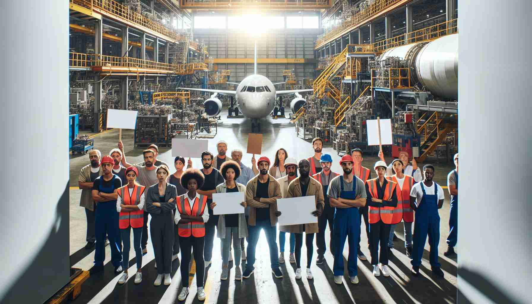 High-definition image of an advocacy scene where a group of workers, an equally distributed mix of male and female from various descents such as Black, Hispanic, South Asian, White, and Middle-Eastern, are rallying for change at a leading manufacturing factory specialized in aerospace technology. They are holding placards that voice their demands for increased wages and better workplace conditions, amid large machinery and aircraft components. Light filters in through windows high above, casting an industrious glow over the assembly line floor.