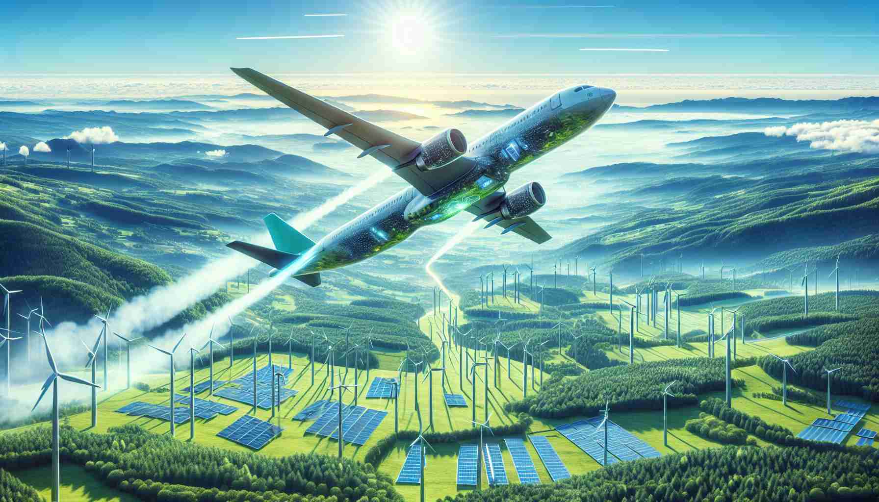 Generate a high-definition, realistic image depicting the revolution of sustainable air travel. The scene should show a futuristic, eco-friendly, green-energy-powered aircraft soaring in the clear, blue sky. Below, there is a diversified landscape filled with green forests, wind farms, and solar panel fields indicating sources of renewable energy. The aircraft itself is sleek and modern, made up of recycled materials with solar panels on its wings, trailed by clear air instead of smoke. This image should communicate the immense progress in achieving sustainability in the air travel industry.