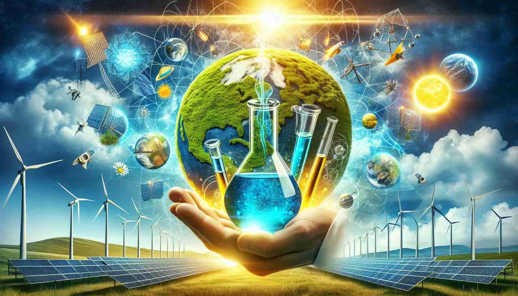 Generate an image portraying the revolution in sustainable energy with the breakthrough of methanol. Show a mossy globe, signifying Earth, held in a hand that signifies protection. In the other hand, a flask containing a bright blue liquid, symbolizing methanol. Bright yellow rays of the Sun highlight the flask and the globe, symbolizing a bright, sustainable future. An array of wind turbines and solar panels are in the background, further emphasising the concept of sustainable energy. Finally, include a banner with the words 'Revolutionizing Sustainable Energy: The Methanol Breakthrough' at the bottom of the image.