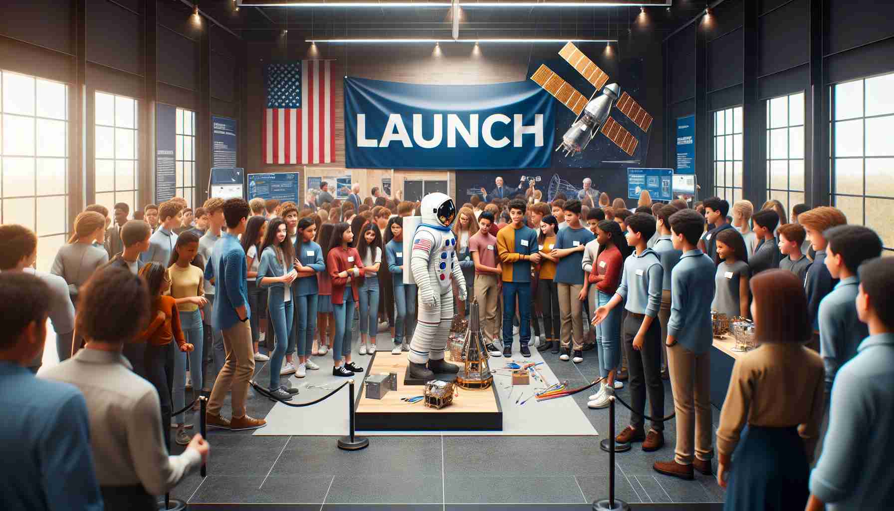 Visualize a realistic high-definition image depicting a new initiative aiming to foster youth interest in the aerospace industry. Picture a diverse group of enthusiastic young students partaking in the launch event. A large banner is draped behind the group marking this special occasion. Students are seen interacting with the model of a satellite while an astronaut suit stands on the side. Envision the room filled with interactive exhibits that physically demonstrate the principles of aerodynamics. This event embodies the spirit of innovation, curiosity, and learning, full of potential future aerospace engineers from all descents.