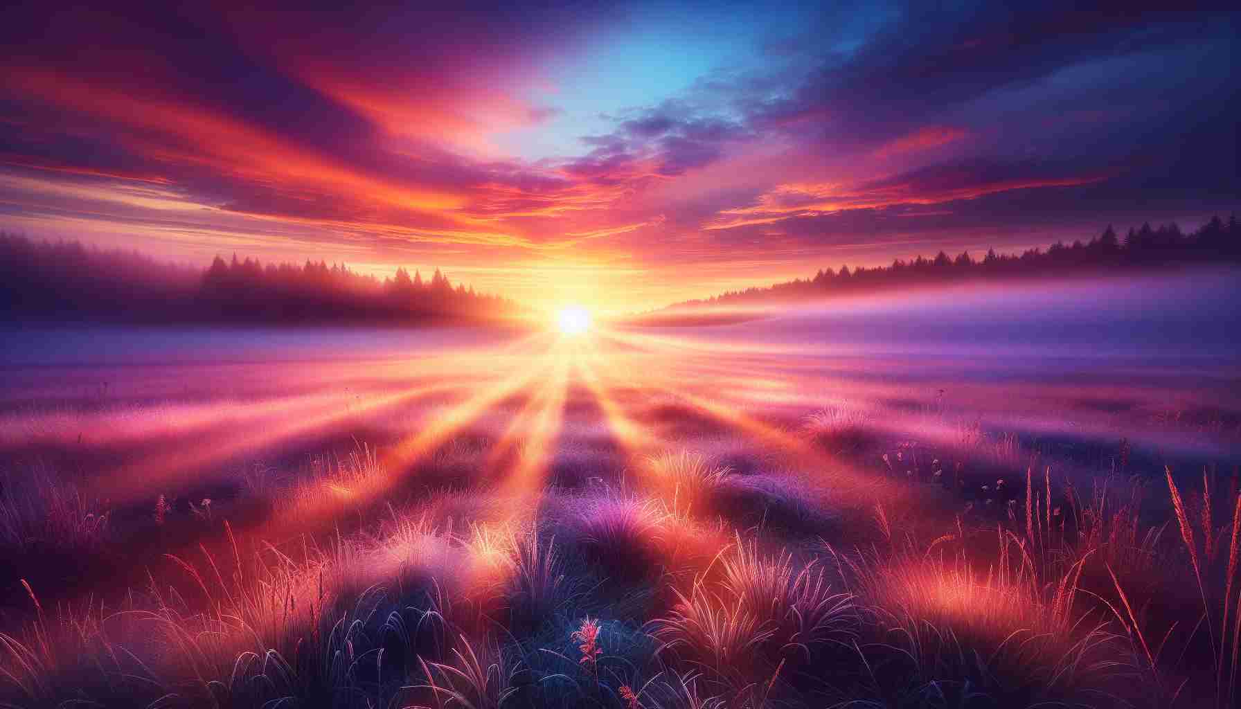 An ultra high-definition, realistic visual representation of the concept of 'New Beginnings on the Horizon'. The image shows a beautiful, vivid sunrise with hues of orange, pink and purple blending seamlessly into the light blue sky. The sun's radiant beams are slowly piercing through the cool morning mist, providing a symbolic representation of a new beginning. In the foreground, untouched, dew-kissed grassland stretches out, leading to the distant serene horizon where the new day begins its reign. Perhaps a few early birds can be seen taking flight, signifying the start of new day and new opportunities.