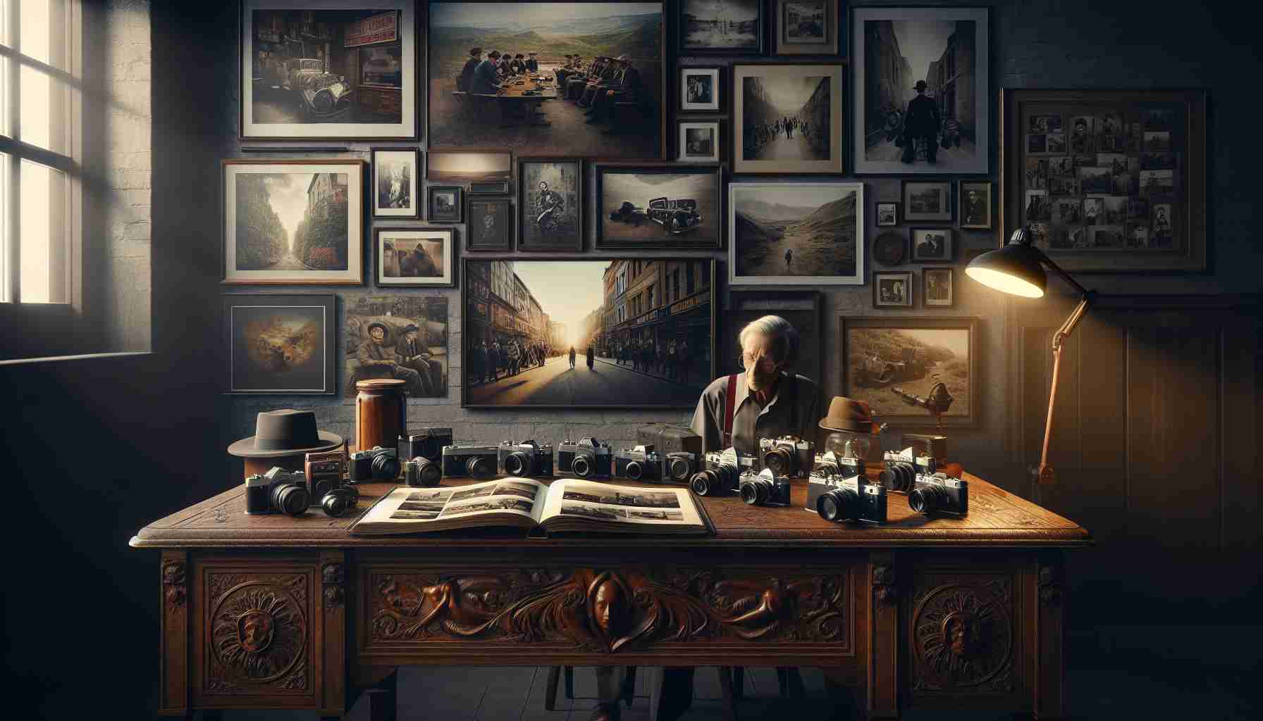 A high-definition, realistic photograph capturing the legacy of a photography enthusiast. The image could include his treasured camera equipment, spread out on a vintage wooden table. On the walls behind the table, various framed photographs that encapsulate his passion and journey as a photographer are hung. Among the images, include scenes of urban life, natural landscapes and candid moments captured at social gatherings, with people of diverse descents and genders featured throughout. A soft lamp light is illuminating the table surface, casting long shadows on the ornately carved tabletop. The air remains heavy with a sense of nostalgia and respect for his remarkable journey.