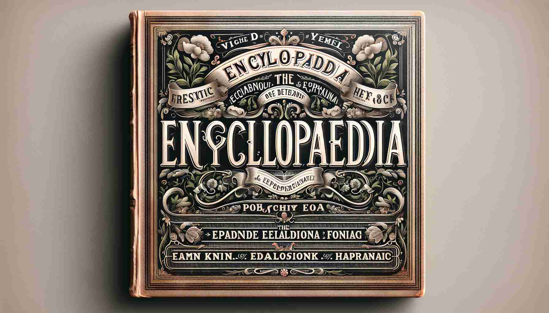 A high-definition, realistic photo of a title page of an old encyclopaedia. The title page is intricately designed with vintage typography and ornaments. It's complete with a large bold title in elegant lettering at the center. Other elements included are the author's name, publication year and detailed floral borders.