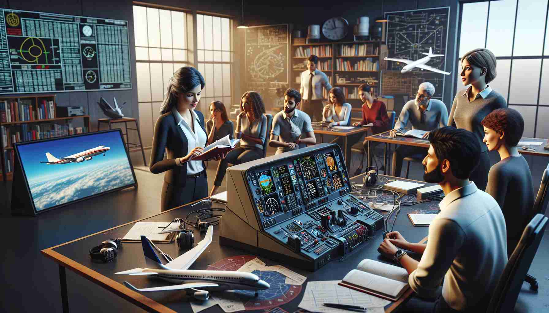 A realistic high-definition photo offering a glimpse into the realm of Aviation Education. Imagine a vibrant classroom setting with a diverse set of students - a Caucasian woman and a South Asian man engaged in a lively discussion, a Hispanic woman observing a flight simulator with keen interest, and a Black man examining an aviation textbook. A Middle Eastern female instructor using a large display to elucidate concepts about flight mechanics. An airplane model placed prominently in the room and aviation charts & equipment spread across the tables provide more context to this evolving educational domain.