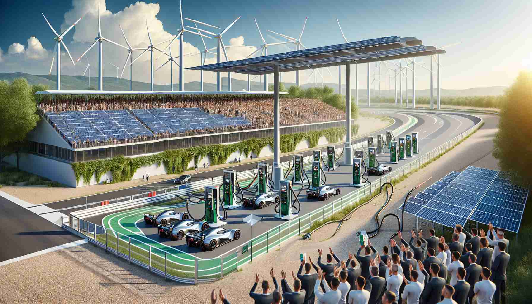 Create a detailed, high-definition image illustrating the concept of revolutionizing motorsport sustainability. The scene should feature a modern racetrack with solar panels and wind turbines installed on its surroundings to harness renewable energy. Include overhead charging stations for electric race cars on the track, equipped with advanced battery technologies for faster charging. Also, depict some attendees of different descents and genders holding banners applauding the eco-friendly initiatives. Lastly, add a clear blue sky, symbolizing a cleaner environment as a result of these new green initiatives in motorsport.