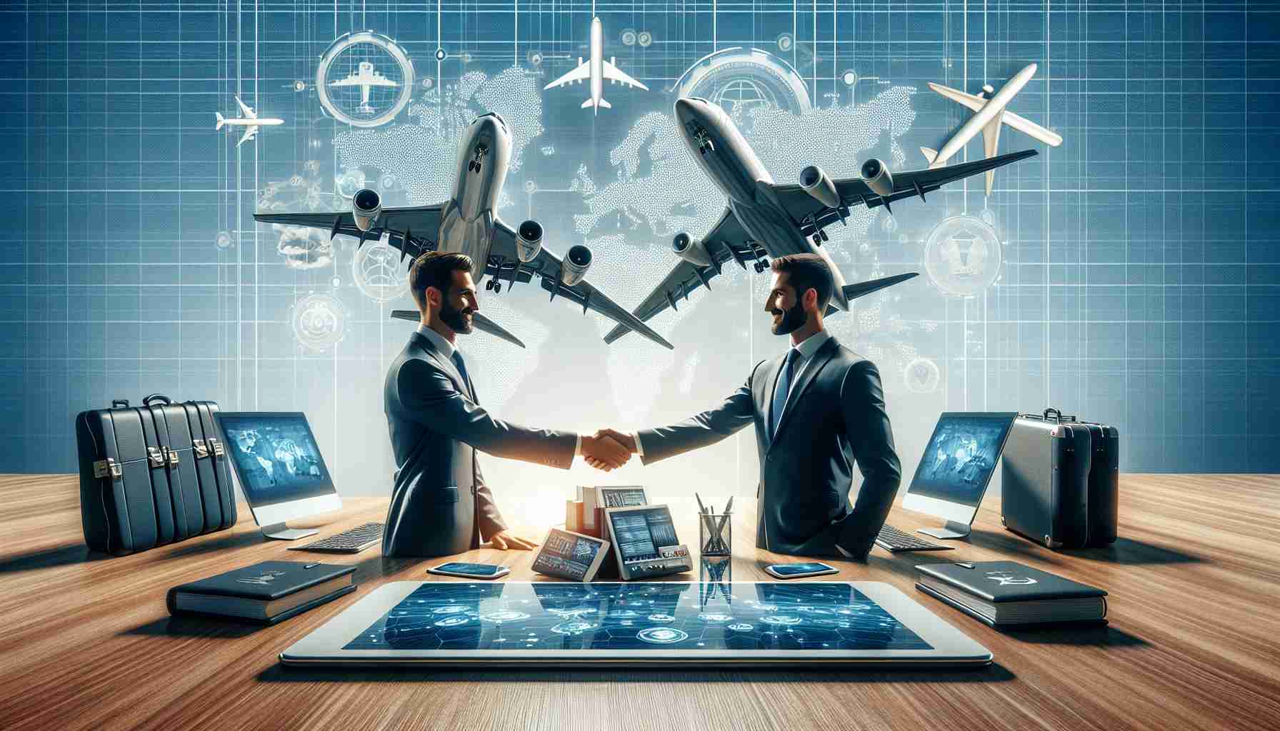 Realistic high-definition image of two fictional corporations, understood to be in the aviation industry, forging an enhanced connectivity pact. Show corporate representatives shaking hands over a table laden with documents and digital devices, symbolizing the collaboration. The background features the emblematic motifs of both companies – one showcasing air travel elements, the other representing connectivity and network motifs.