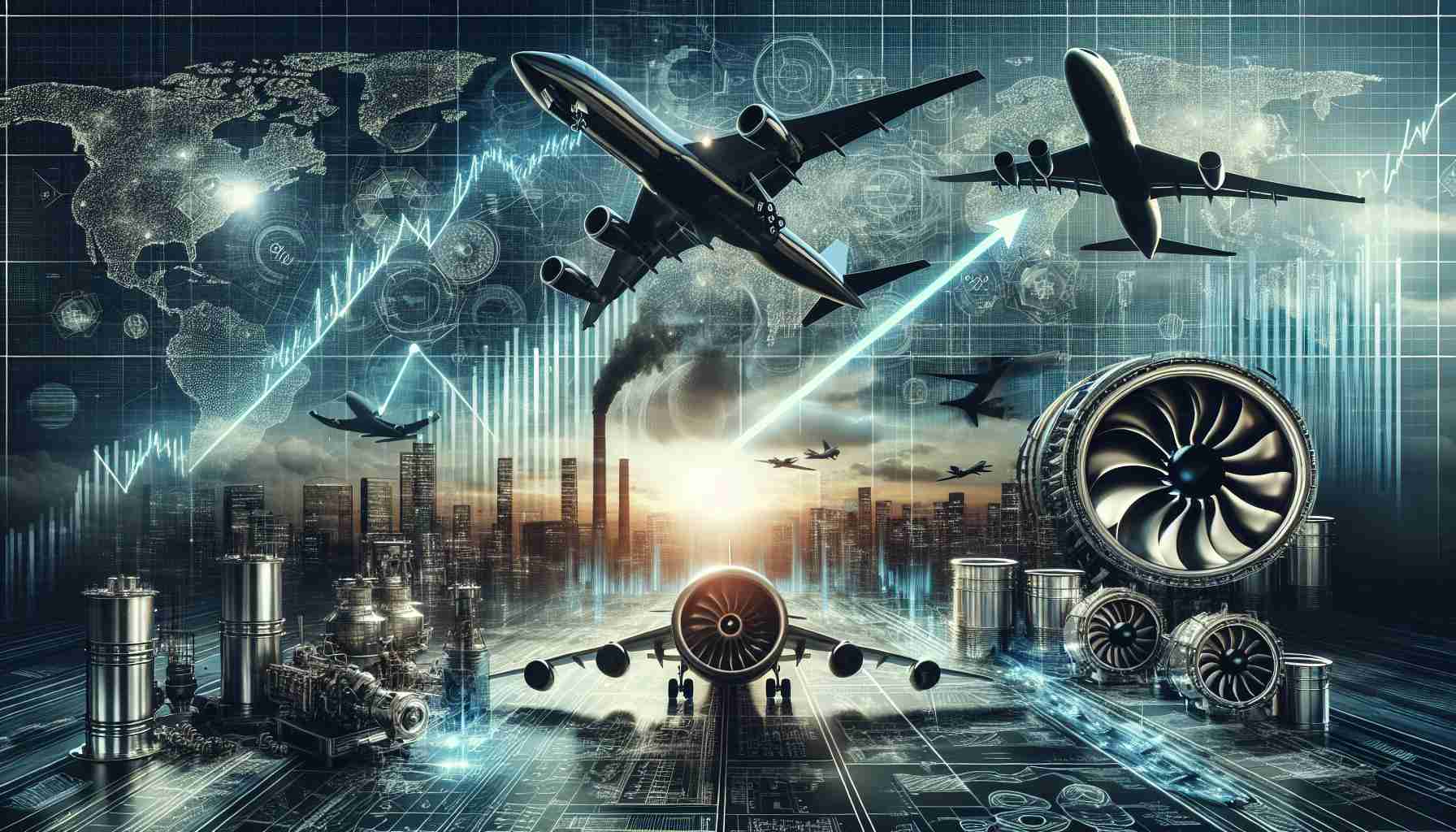 A high-definition image that depicts the advancement and growth of a fictitious aviation company, mirroring the success and market dominance of an influential aerospace corporation. The image encompasses elements such as soaring airplanes, blueprints of engine designs, innovative research settings, and a stock market graph showcasing a steep rise, demonstrating the company's impressive market performance. The look and feel of the picture should be futuristic with a hint of sleek professionalism, capturing the essence of innovation, success, and growth in the aviation field.