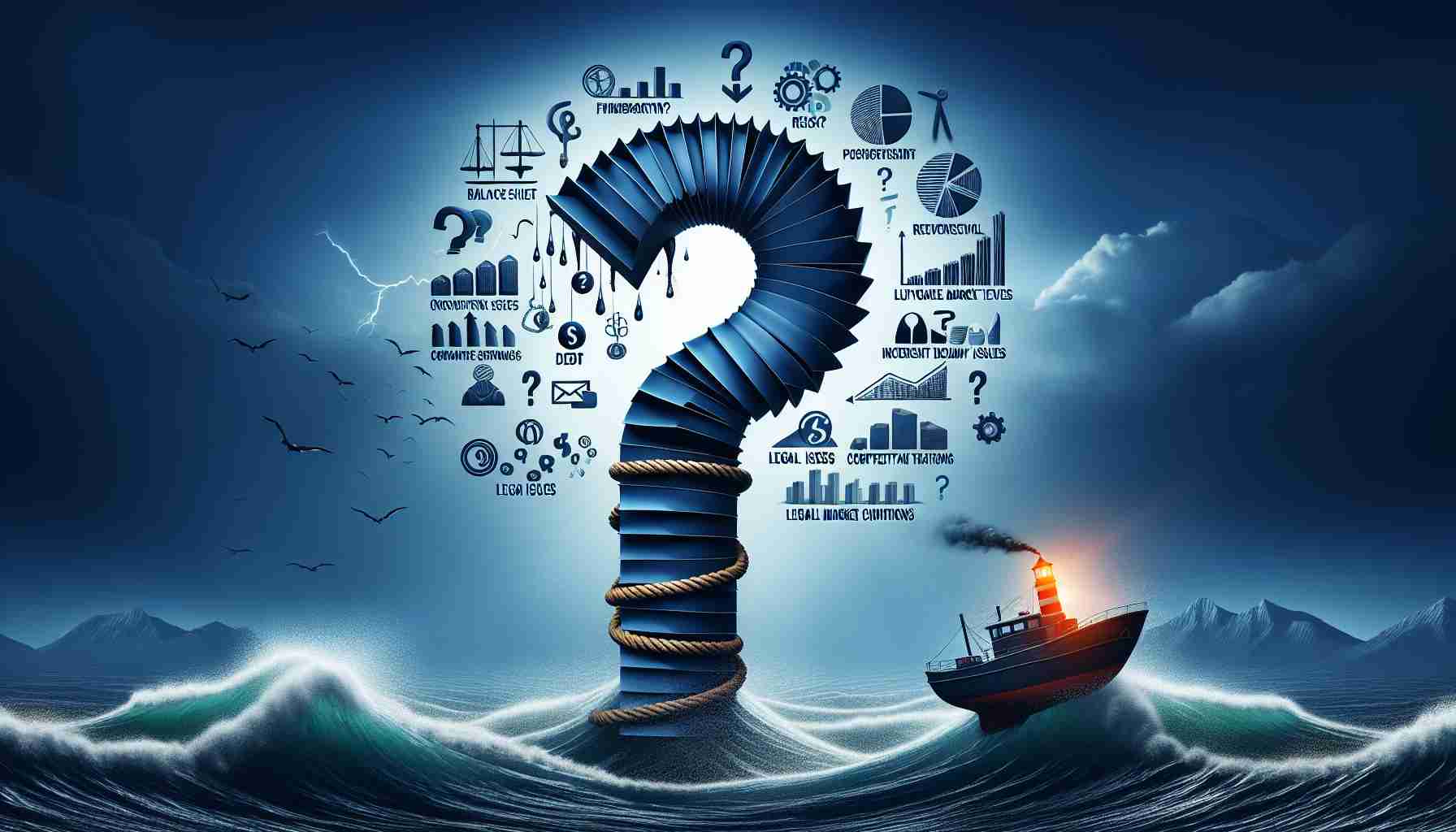 Create a realistic high-definition image that visually represents the concept of assessing a company's risk beyond debt levels. This could be illustrated through symbols representing various factors that influence risk - fluctuating stock market values, inconsistent revenue streams, legal issues, or competitive market conditions. Please incorporate a balance sheet twisted into a question mark, a sinking ship representing business failure and a light house in the distant sea representing hope and guidance. Also, show waves indicating turbulent market conditions.