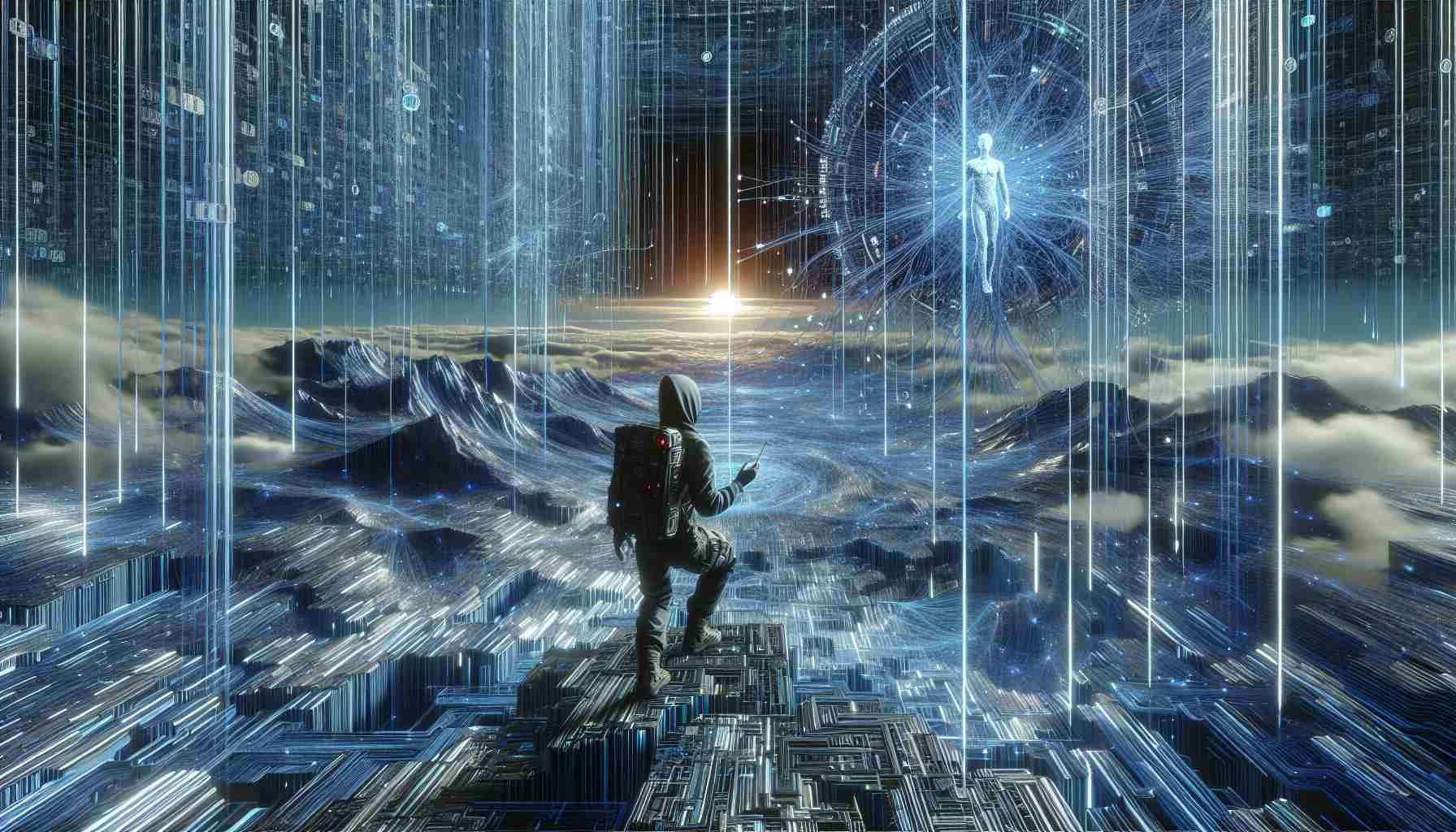 Visual concept of a figure exploring a digitally created world marked by streams of binary codes representing Artificial Intelligence. The figure, a South Asian male, is equipped with high-tech gear and navigating across cyberspace depicted by a densely interconnected web of blue and silver threads of data. The scenery is vast with intricate detailing to emit an aura of surreal landscapes, and there is a high resolution, making it appear realistic. The colour palette is dominated by blues, silvers and hints of neon, depicting the cold, digital nature of the Artificial Intelligence realm.