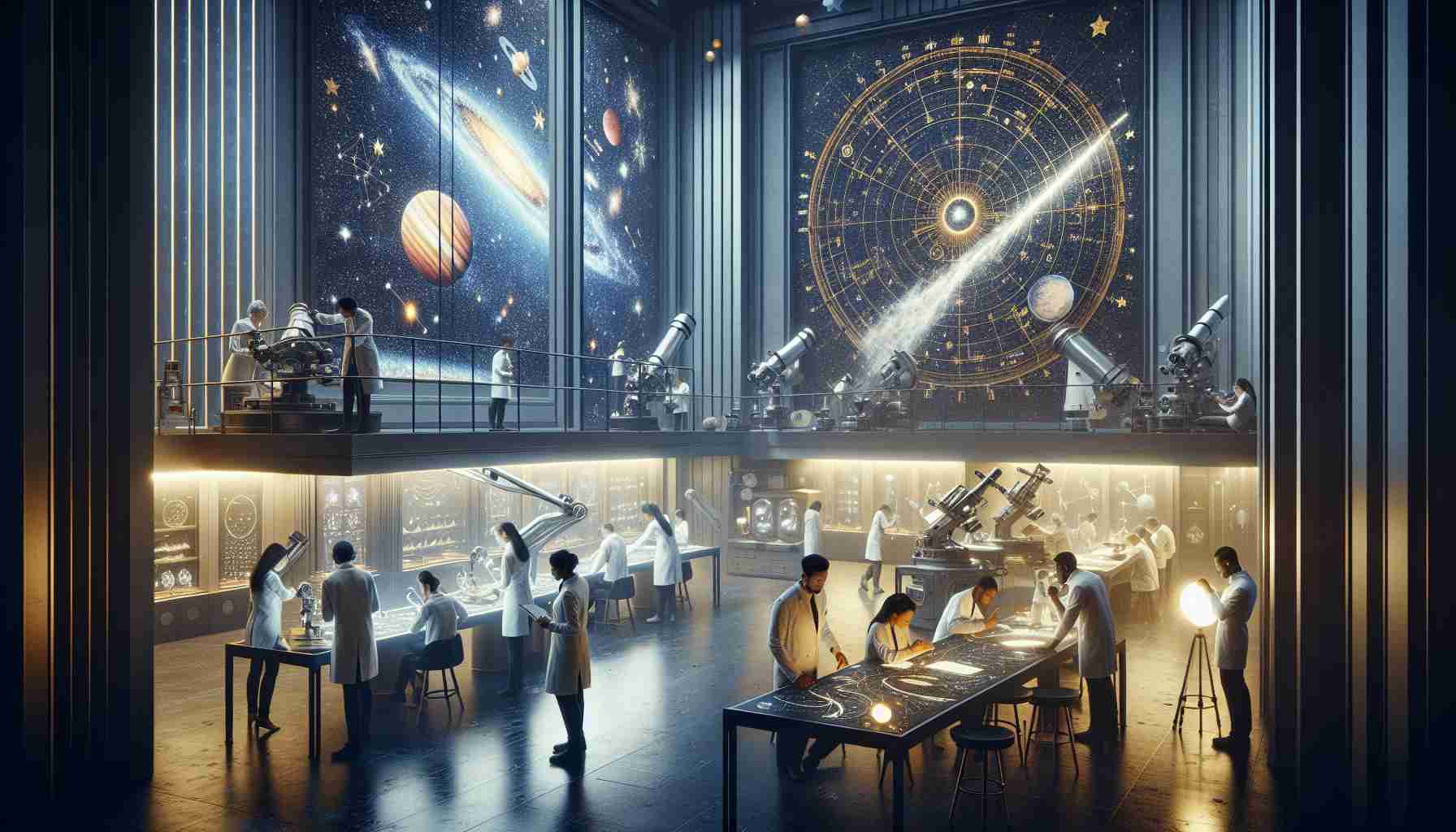 Create a high-definition, realistic image emphasizing the theme of 'Unlocking the Secrets of Space Exploration'. This scene is set at Stellar Academy, a futuristic establishment dedicated to astrological studies. Visualize the premises bustling with activity; Asian male astrophysicists studying the stars, African female astronomers consulting galaxy charts, Hispanic technicians maintaining high-tech telescopes. Their intense focus and collaboration bring a sense of excitement and discovery. Details such as stars, planets, and celestial paintings on the walls contribute to the environment's space exploration theme.