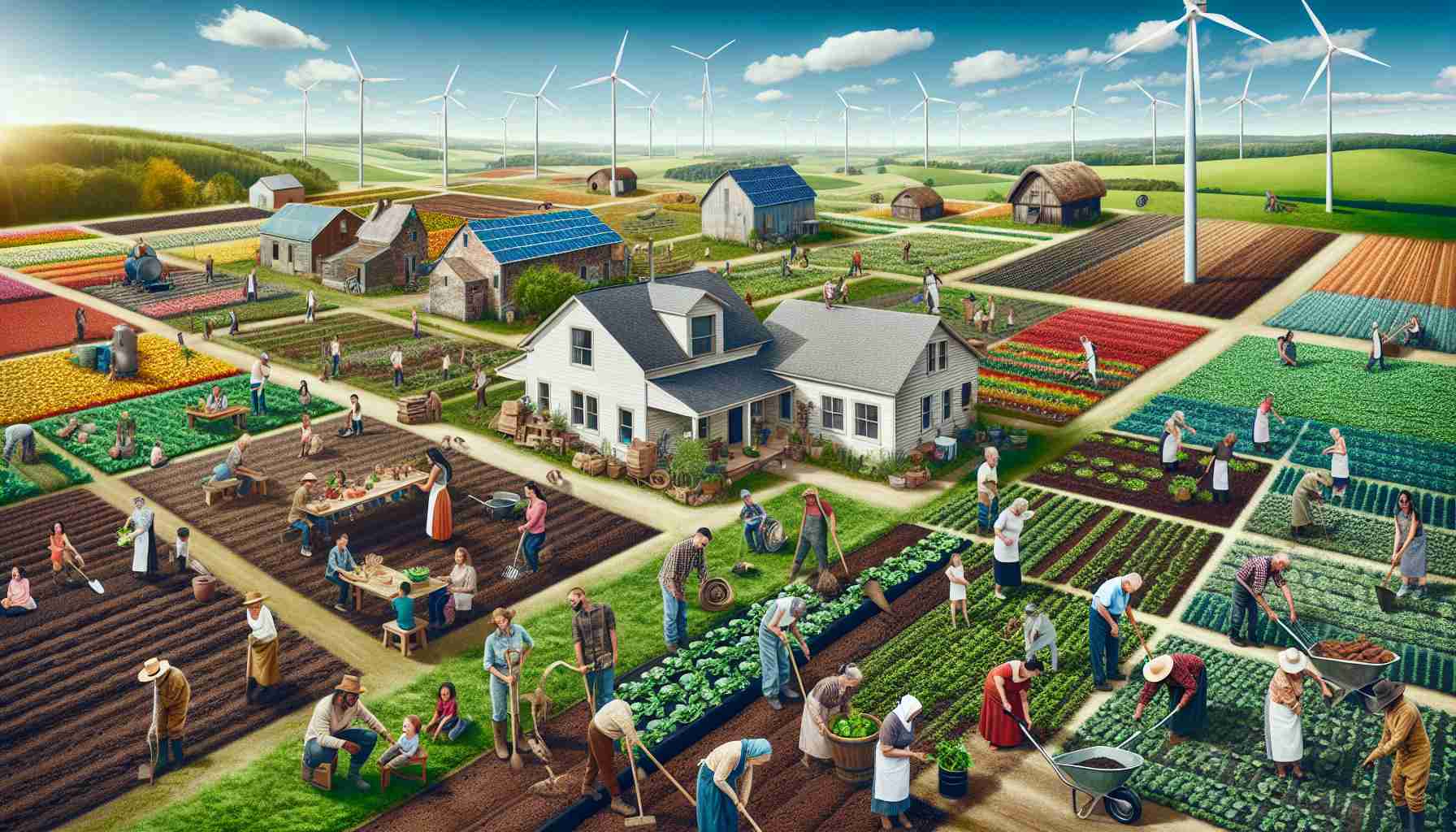 Generate a high-definition image showcasing a rural community widely adopting a sustainable agriculture program. The picture should display various organic farming practices such as crop rotation, soil conservation, and composting. Diverse community members, including Caucasian women, Black men, Hispanic children and Middle-Eastern elderly, should be seen actively participating. The landscape should be dotted with traditional farmhouses, verdant fields, and modern renewable energy resources like wind turbines and solar panels, under a clear blue sky.