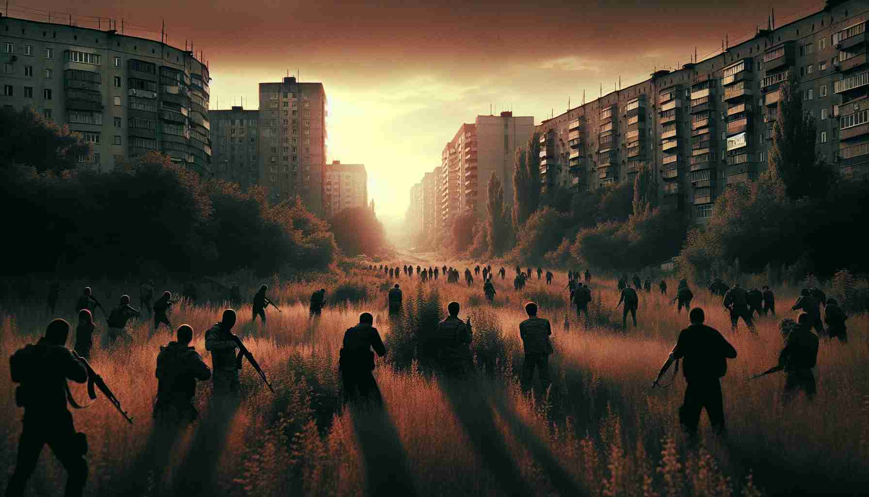 Generate a high-definition, real-life representation of a tense standoff taking place in the Zaporizhzhia Region. The scene should include cautious individuals, anxiously standing their ground, a sense of urgency in their eyes. The landscape around them is mixed - urban architecture blended with lush greenery typical of the region. The atmosphere is thick with tension, shadows stretching long as the sun sets, casting an ominous glow over the uncertainty of the situation.