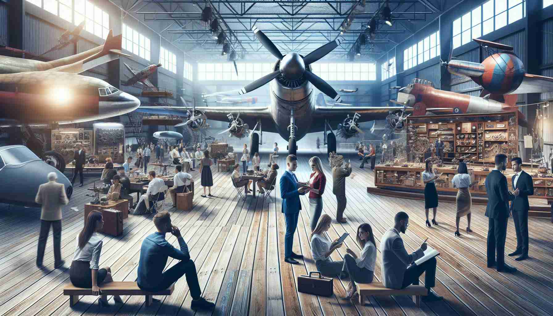 Generate a high-definition, realistic image of a hypothetical collaboration between a commercial airline company and a military aircraft museum. The scene showcases various vintage and modern aircraft on display. Some people are engrossed in learning about the history of aviation while others are passionately discussing aviation advancements. There is a palpable excitement in the air about aviation knowledge and innovation.