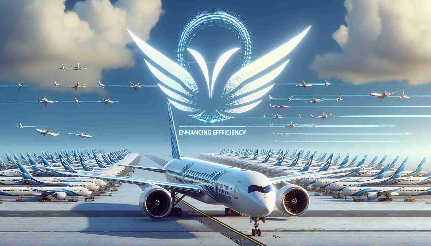 Generate a high-definition realistic image of a fleet of commercial airplanes with insignia resembling a stylized bird, a clear sky in the background and the words 'Enhancing Efficiency' painted on the fuselage, representing the transition to a more efficient operation.