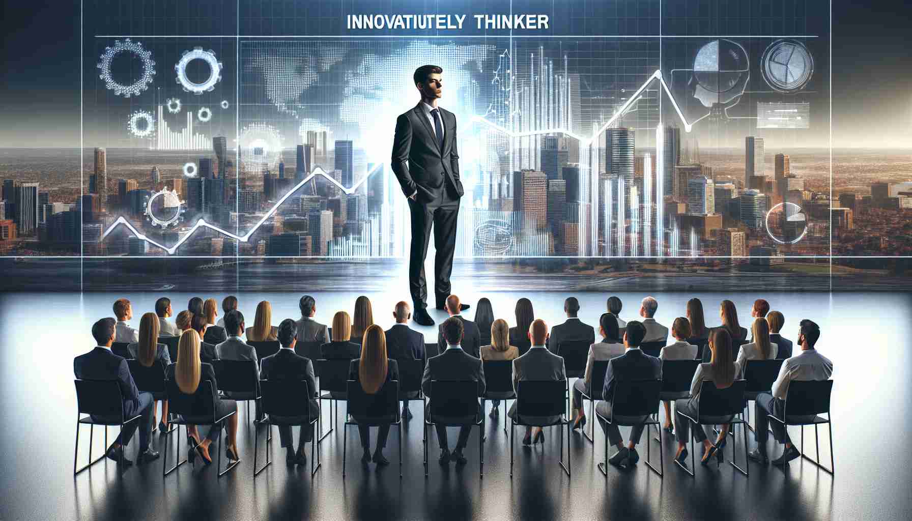 A high-definition, photo-realistic image of a scenario where an innovatively thinkers person is introduced as a new leader to marshal financial growth. This person is seen standing in front of a diverse group of professionals. They are wearing a suit and tie, exuding confidence and charisma, while the audience listens attentively, filled with anticipation. A backdrop indicating the financial context, such as charts signifying growth or a city skyline that symbolizes economic prosperity, surrounds the scene.