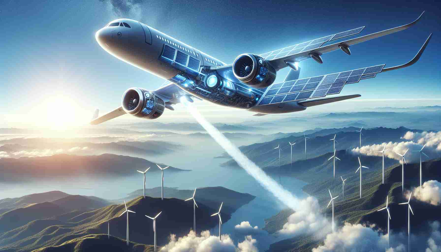 Depict a highly detailed and realistic image representing the concept of revolutionizing air travel for sustainability. This might include a cutting-edge, eco-friendly aircraft soaring in the skies amidst a backdrop of clear, blue sky, powered by sustainable energy, perhaps solar panels or wind turbines. The aircraft should embody modern design elements, showcasing efficient wings and sleek construction. Also, incorporate imagery indicating low emission levels — perhaps a clean exhaust trail or nature thriving in the vicinity, thereby visually communicating the idea of environmentally friendly travel.