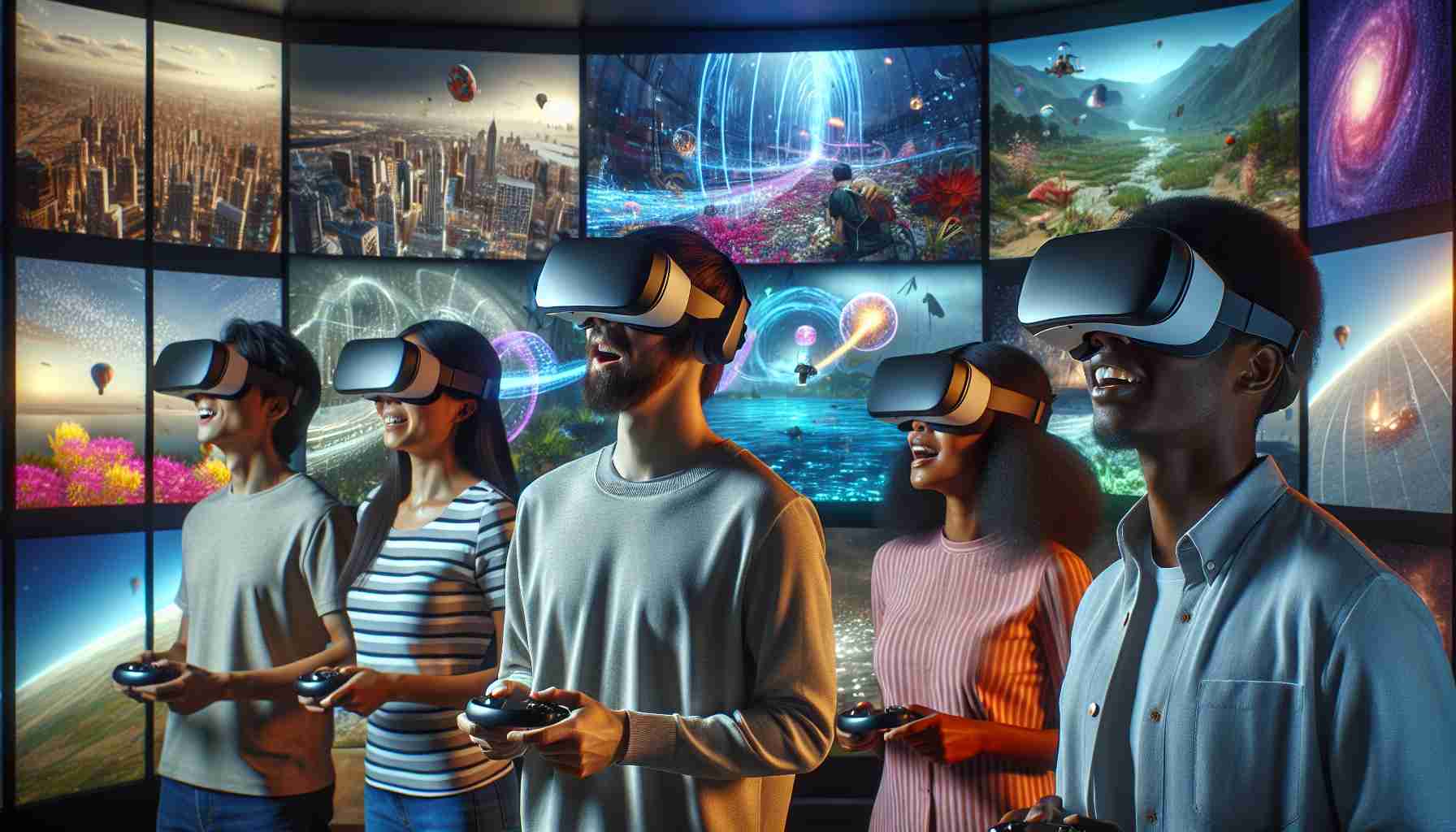 High-definition, realistic image of a diverse group of people exploring the world through a virtual reality experience. The image depicts a Caucasian man, a Hispanic woman, a Black man, and a South Asian woman, all fully immersed in different virtual sceneries. They are standing in a modern room, wearing state-of-the-art VR headsets and using controllers. The virtual sceneries projected around them include a bustling city, a tranquil forest, a vibrant underwater scene, and a serene desert. Their expressions convey amazement and delight, captured in an ultra-realistic style.