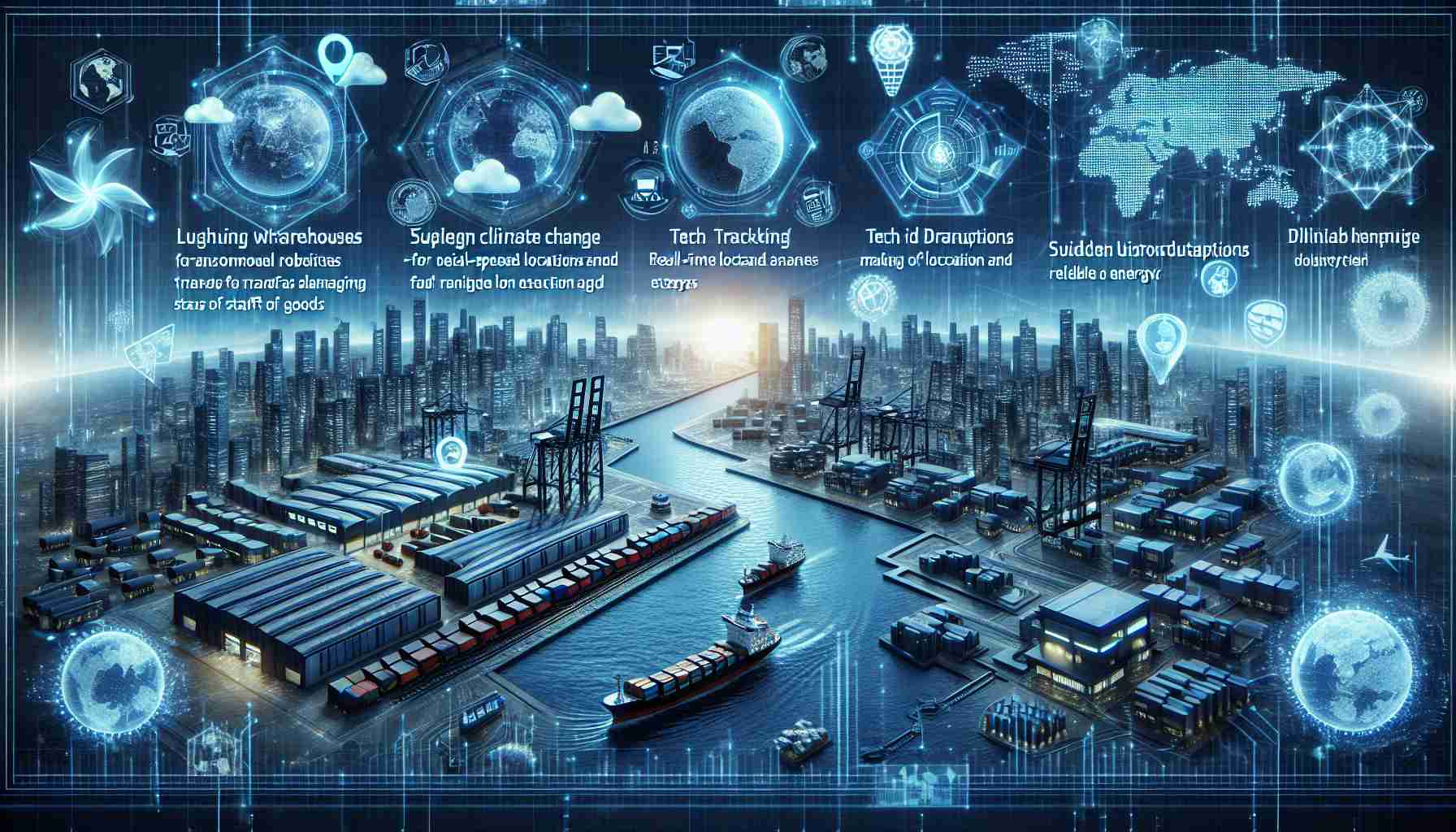 Create a detailed, high-definition image that visualizes the future of supply chains managing challenges ahead. This could include state of the art warehouses with autonomous robots for sorting and packaging, high-speed trains for transportation, tech-infused tracking systems for real-time location and status of goods and cargo ships making use of renewable energy. Display prominent challenges like climate change and sudden disruptions in the form of storm symbols and digital glitch effect respectively. Also, incorporate various global locations on a comprehensive digital world map reflecting a vast international network.