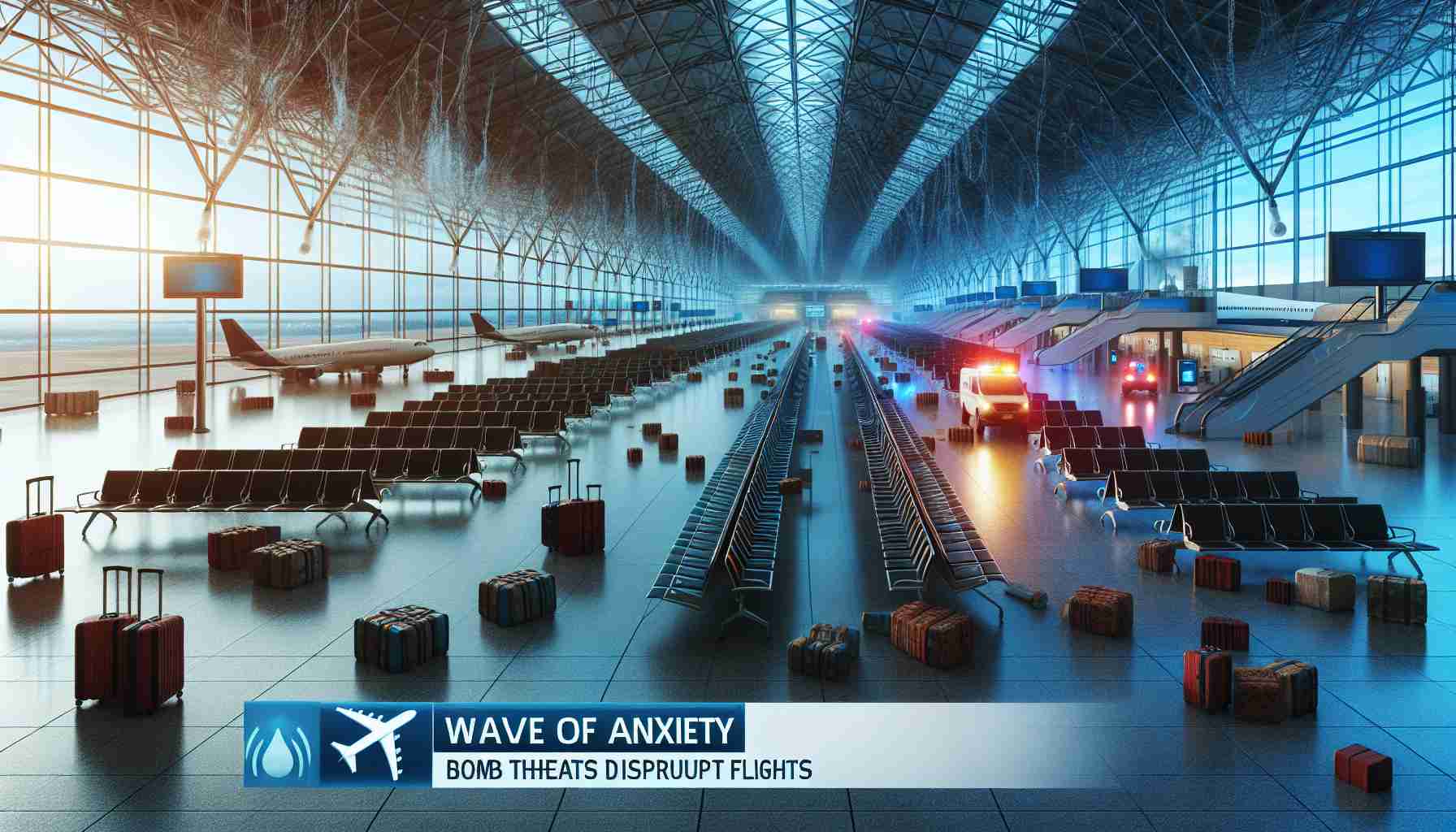 An image in high-definition and realism of a scene depicting heightened anxiety due to a metaphorical 'wave' of bomb threats. Show empty airport terminals, flights disrupted with planes grounded, with passengers not present out of safety precaution. Throw in elements that suggest turmoil such as abandoned luggage, flashing lights of emergency vehicles, and a news ticker at the bottom of the screen with the headline 'Wave of Anxiety: Bomb Threats Disrupt Flights.'