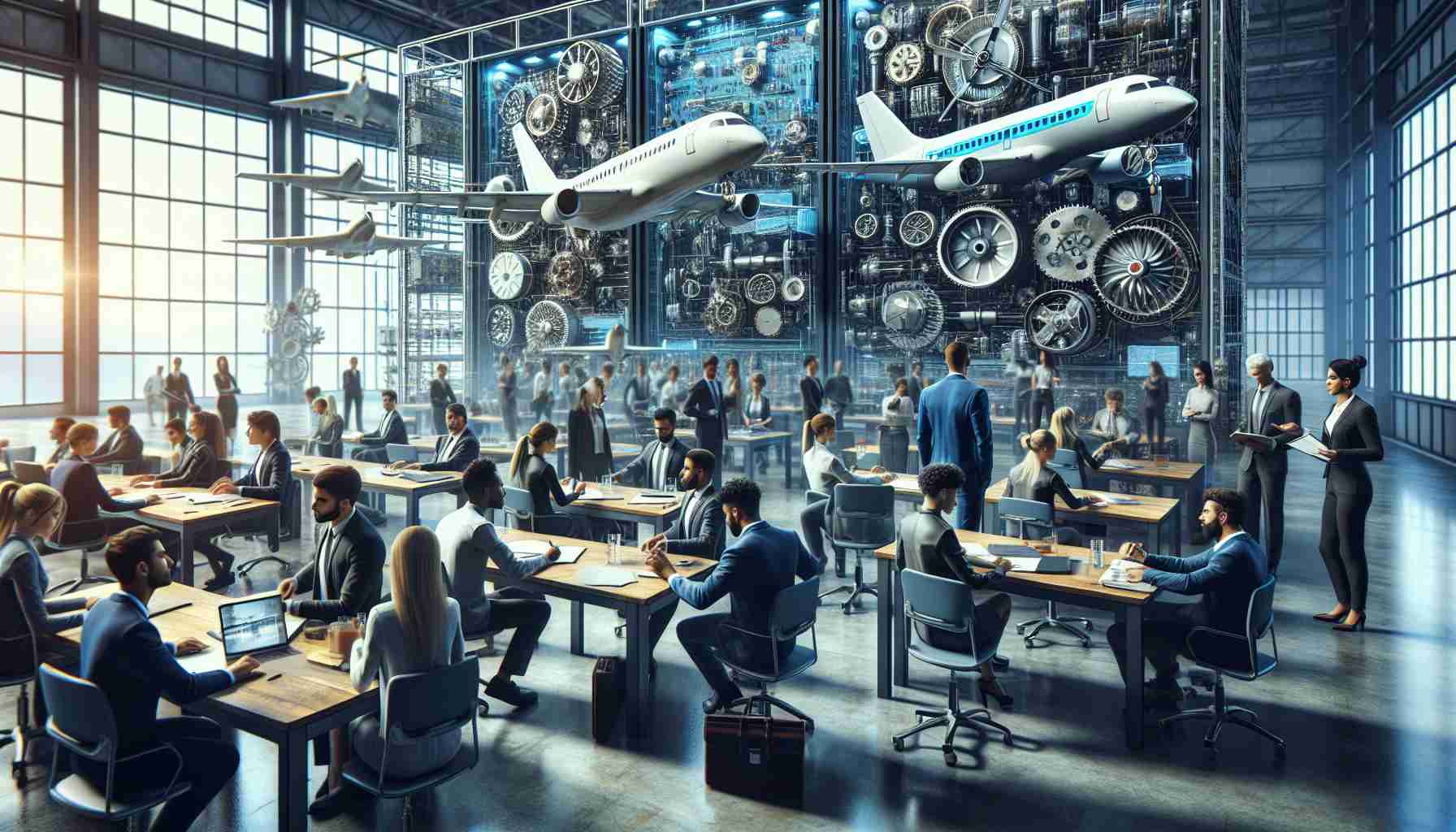 A high-definition, realistic image that portrays the revolutionary transformation of aviation education via collaboration with local business. Depict a training institute with robust and cutting-edge aviation technologies, a classroom filled with diverse students of various descents like Caucasian, Hispanic, Black, Middle-Eastern, and South Asian, both males and females, engaged in lessons. These students are being taught by highly skilled professionals, and the curriculum is underscored by the resources and support of local businesses. Include business partners and stakeholders in a meet, discussing potential improvements and strategies for the program.