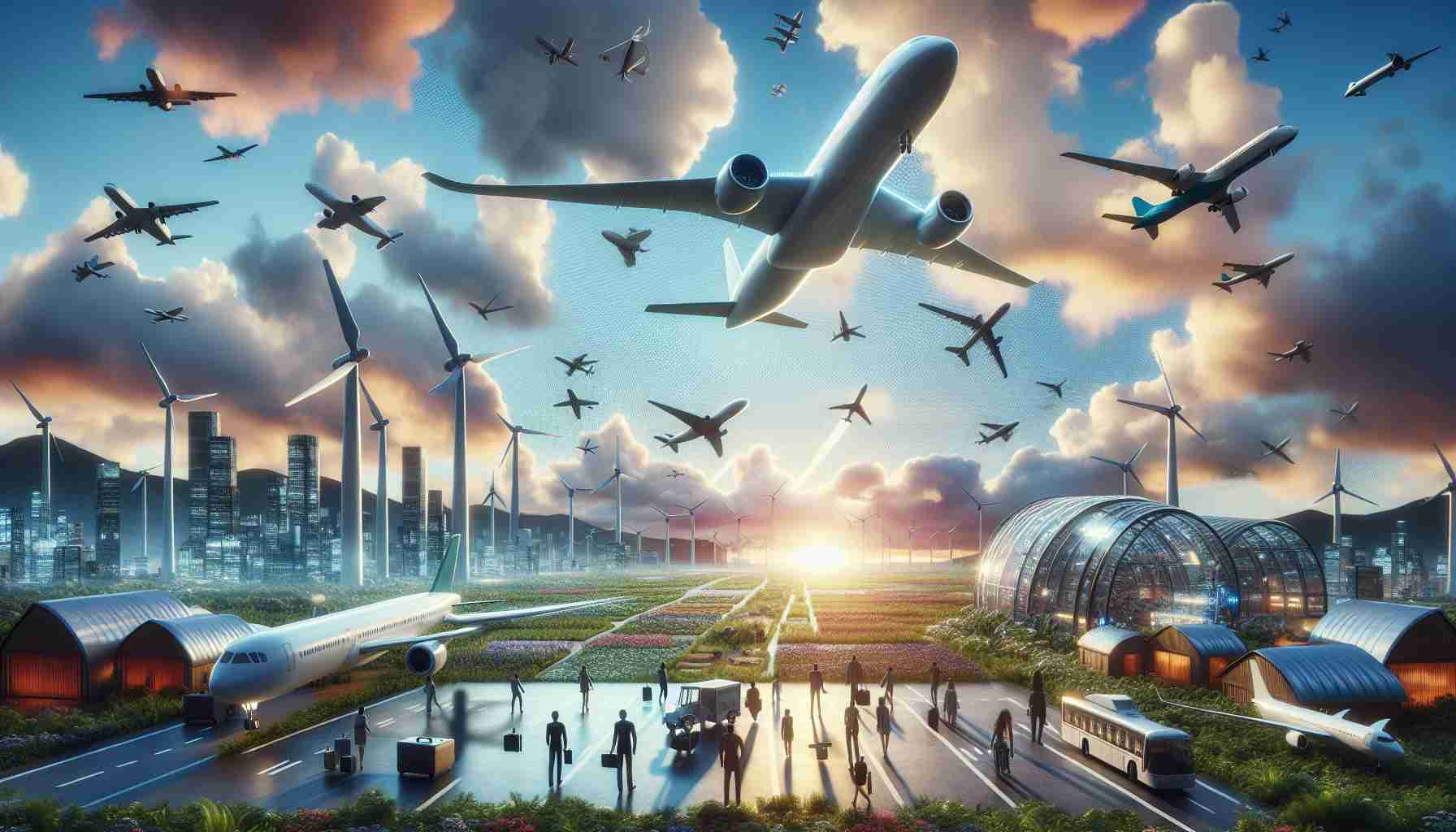 A highly detailed, realistic HD image that portrays a vision for the future of aviation. The image should reflect the innovative technologies that will shape the next generation of flights. This could include self-flying electric planes soaring in the sky or airports powered by renewable energy. Show the harmony between sustainable technologies and the natural environment. Also depict humans interacting with this technology, showing diversity with some individuals of Caucasian, Hispanic, and Middle Eastern descent, of different genders, showcasing how everyone is part of this visionary future.