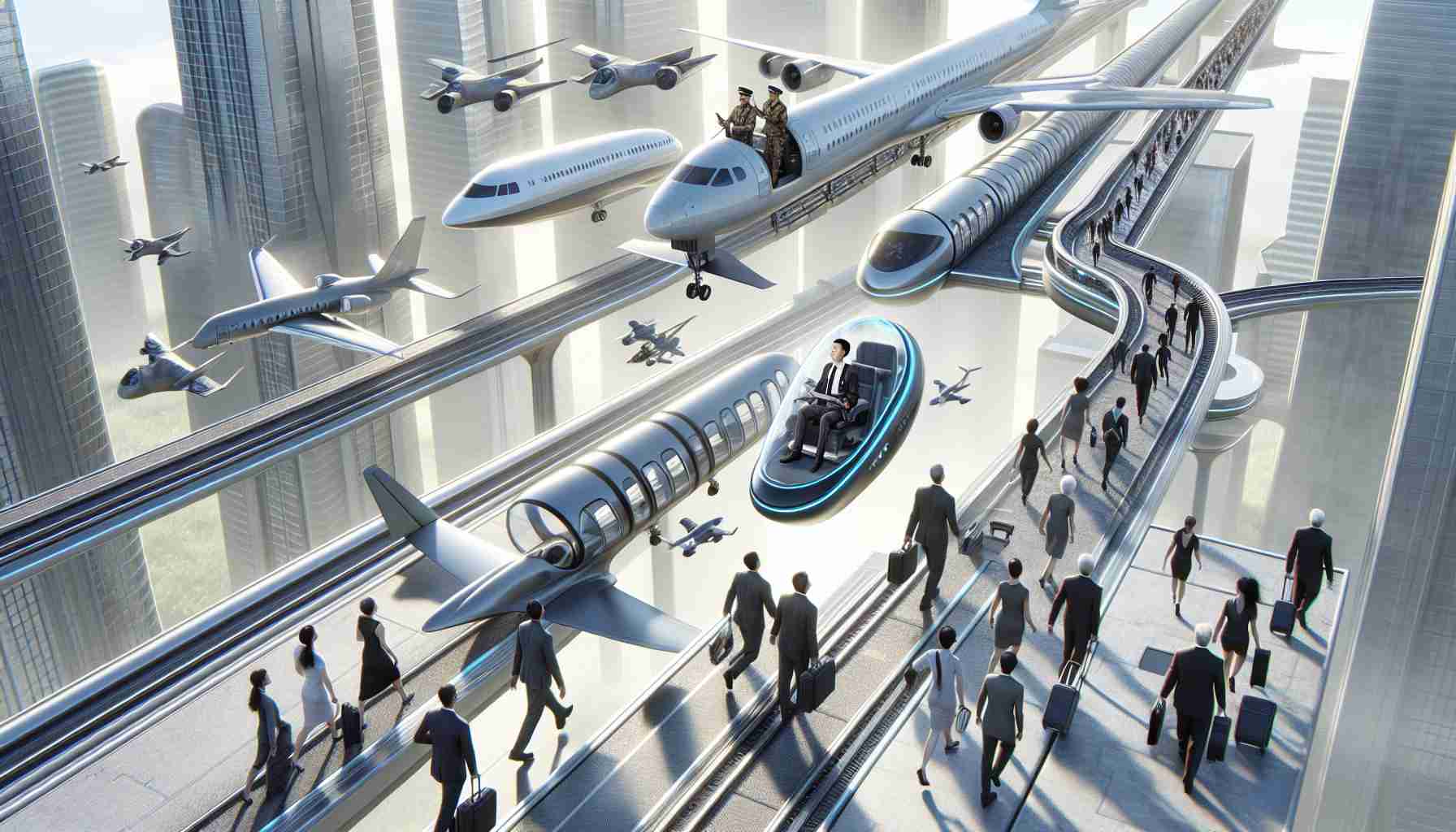 Generate a high-definition, photorealistic image showcasing the future of air transportation. It should clearly depict present existence of traditional modes of air transport, like airplanes and helicopters, transitioning towards more advanced technologies like hyperloop pods or airborne drones. A diverse array of passengers and pilots with distinct genders and descents like Caucasians, Hispanics, and South Asians should be visible, reflecting the diversity in real life aviation. The environment should indicate that this transformation is a future outlook, perhaps including elements of futuristic cities or advanced technology in the infrastructure.