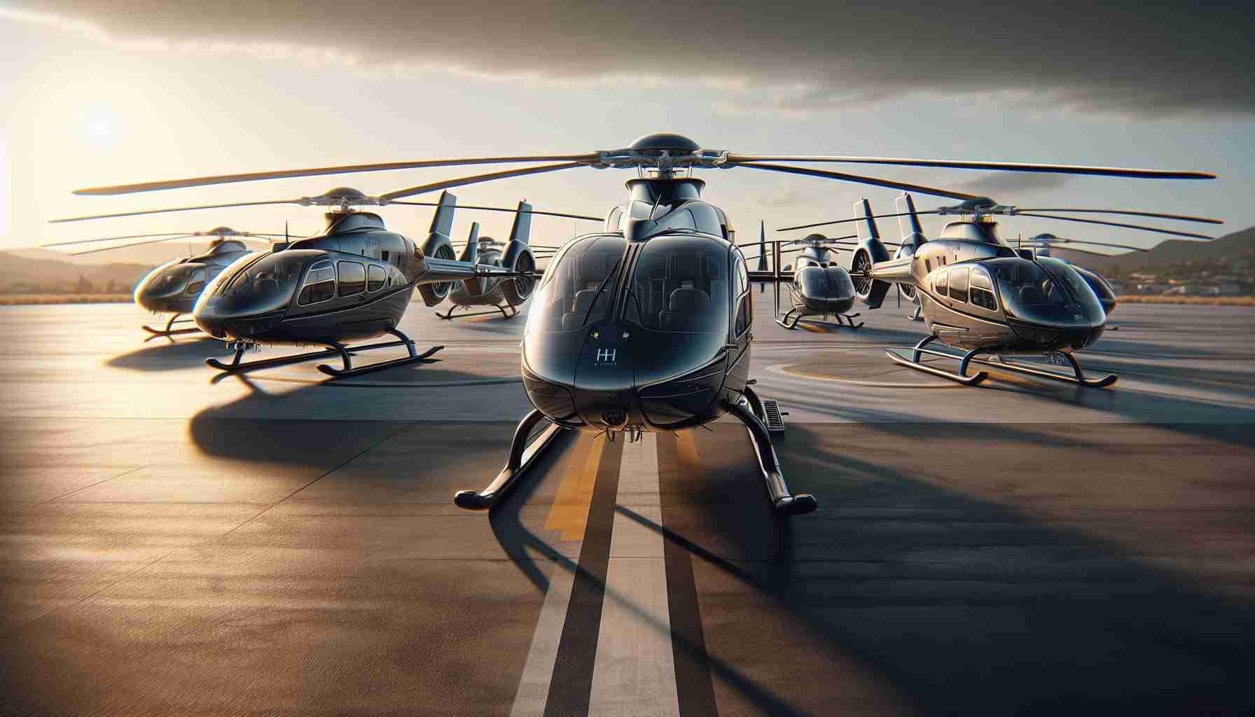 A high-definition, realistic image of a fleet of state-of-the-art helicopters lined up on a runway. The helicopters represent the latest in aviation technology, showcasing sleek designs and advanced technology features. Sitting against a backdrop of a clear sky, each vehicle exudes a sense of power and efficiency. The brand name, PHI Aviation, is subtly printed on the side of each helicopter.