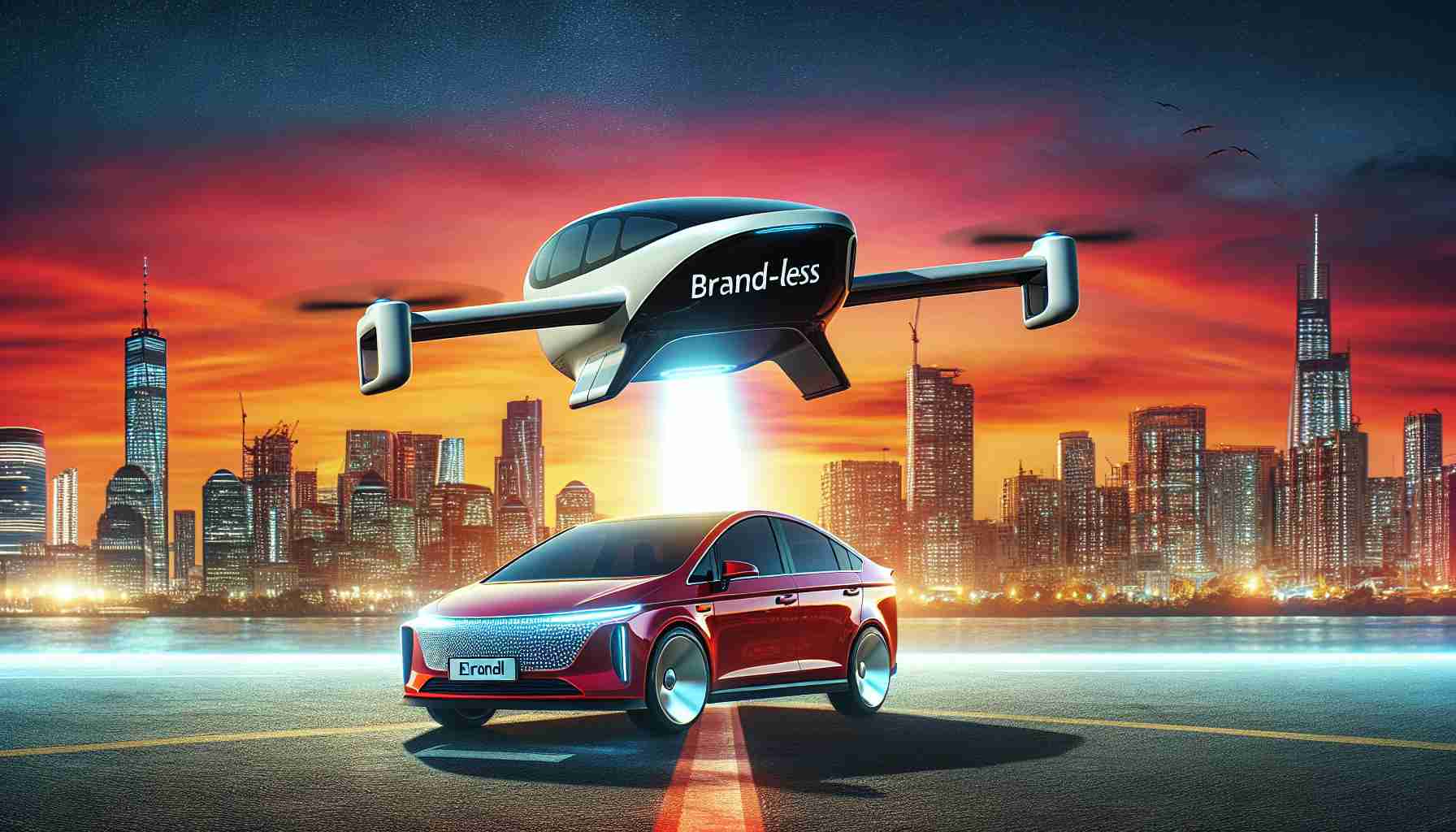 An HD photo showcasing a brand-less electric air taxi, signifying advanced technology and future transportation. It flies over a vibrant city skyline during sunset, displaying its sleek design. Below, a red, unbranded car, a symbol of conventional transportation, stands contrasting with the futuristic air vehicle. The partnership between these two entities in the transportation industry manifests in the image as a tangible representation of automotive innovation.