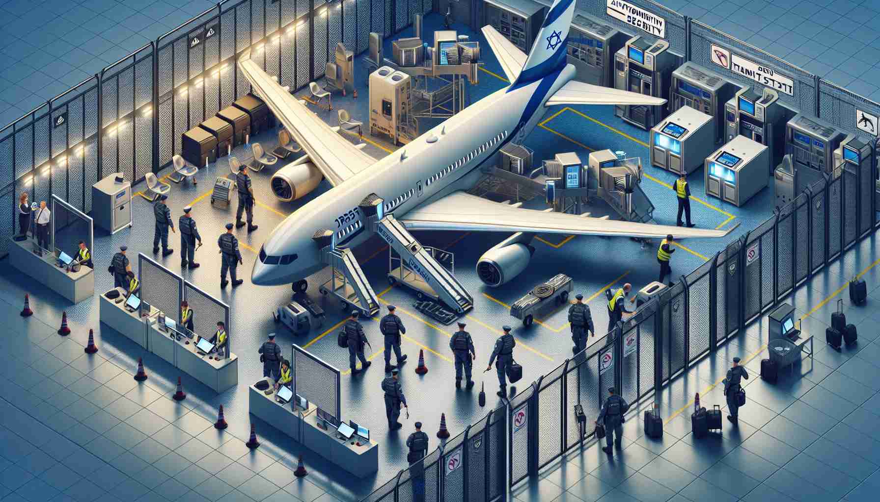 Generate a high-definition, realistic image depicting the challenges that aviation security faces after the implementation of Israeli tactics. The image can include elements like rigorous security checks, advanced security equipment, and officers demonstrating maintainance of high safety standards. Please refrain from including identifiable individuals or sensitive information in the image.