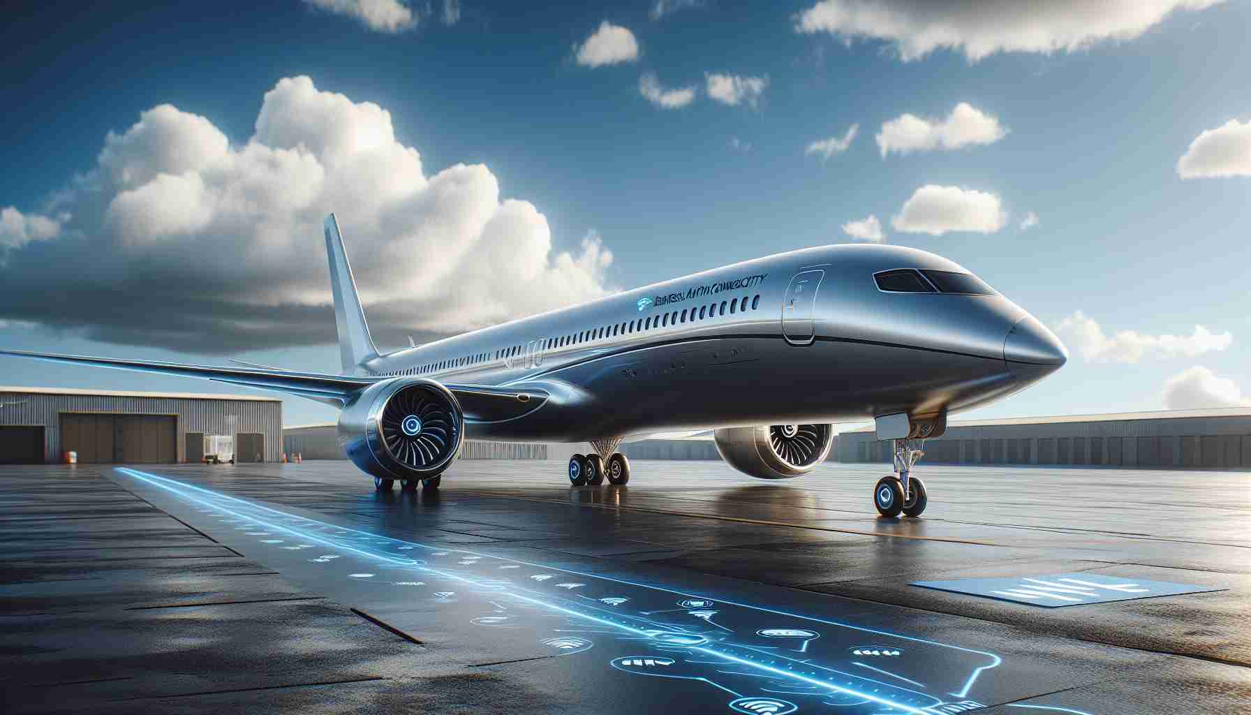 A realistic, high-definition image portraying a contemporary scene related to Business Aviation Connectivity: A sleek, futuristic airplane equipped with cutting-edge technology sits on a tarmac under a blue sky. The aircraft's exterior shows logos suggestive of high-speed internet connectivity, hinting at its capability for superior data transfer. It symbolizes a new horizon for Business Aviation Connectivity.