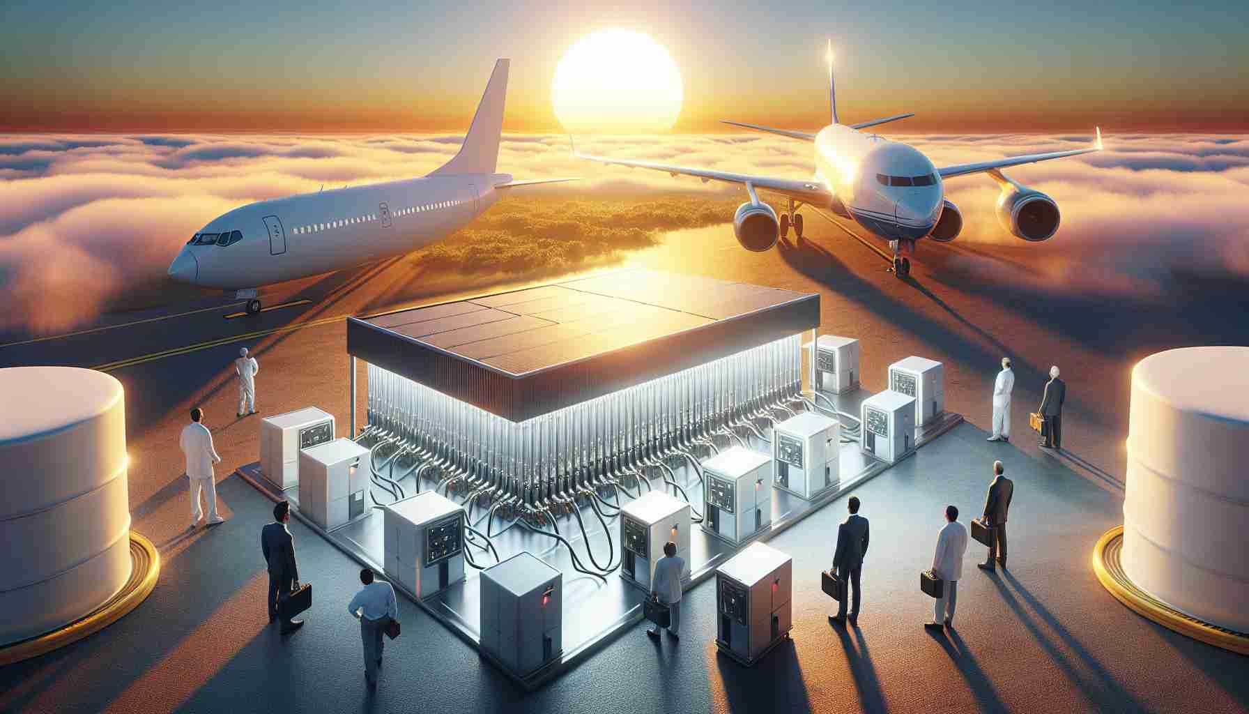 Create a realistic HD image that represents a new dawn in the field of aviation. Depict a newly unveiled fuel storage solution specifically designed for aircraft. Show a rising sun in the background, symbolizing this new beginning. Also, portray an airplane nearby with a group of engineers of various descents and genders examining the storage system.