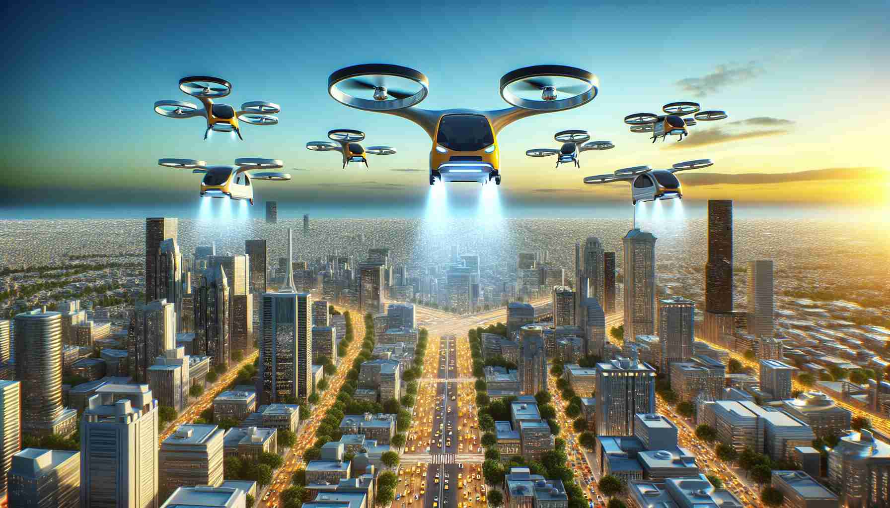 Show a high-definition, realistic style image of urban transportation being revolutionized by air taxis. The scene should include airborne vehicles resembling taxis maneuvering above a thriving city landscape. These air taxis should be designed with futuristic appeal, displaying features such as vertical take-off and landing capabilities. The city below should buzz with life and vibrant activity, all beneath a clear, blue sky.