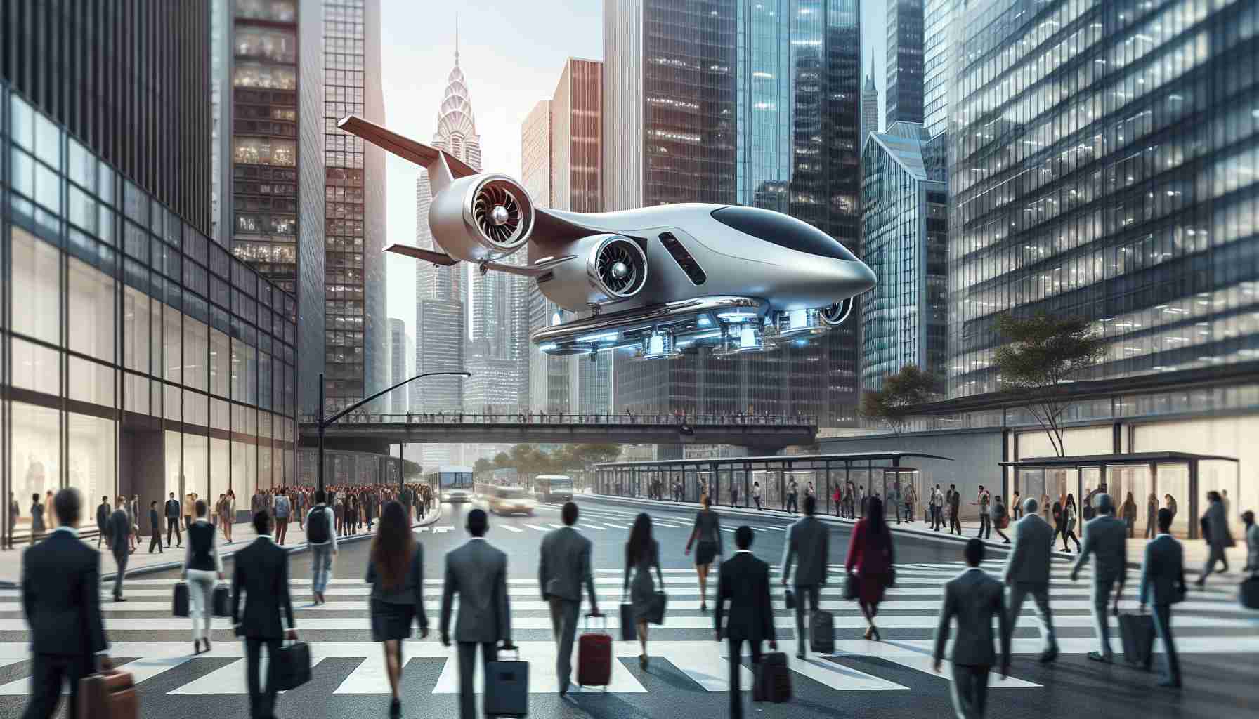 Generate a high-definition, realistic image showcasing an advancement in urban transportation, denoted by an aesthetic, modern and futuristic aircraft. Show this innovative vehicle hovering amidst the skyscrapers within a bustling metropolitan city, visually representing a revolution in urban transit systems. The innovative vehicle should be the focus but intricate details of the cityscape along with commuters of different genders and descents such as Caucasian, Black, Asian, Hispanic etc. going about their daily lives should be present as a backdrop to give the image depth and context.