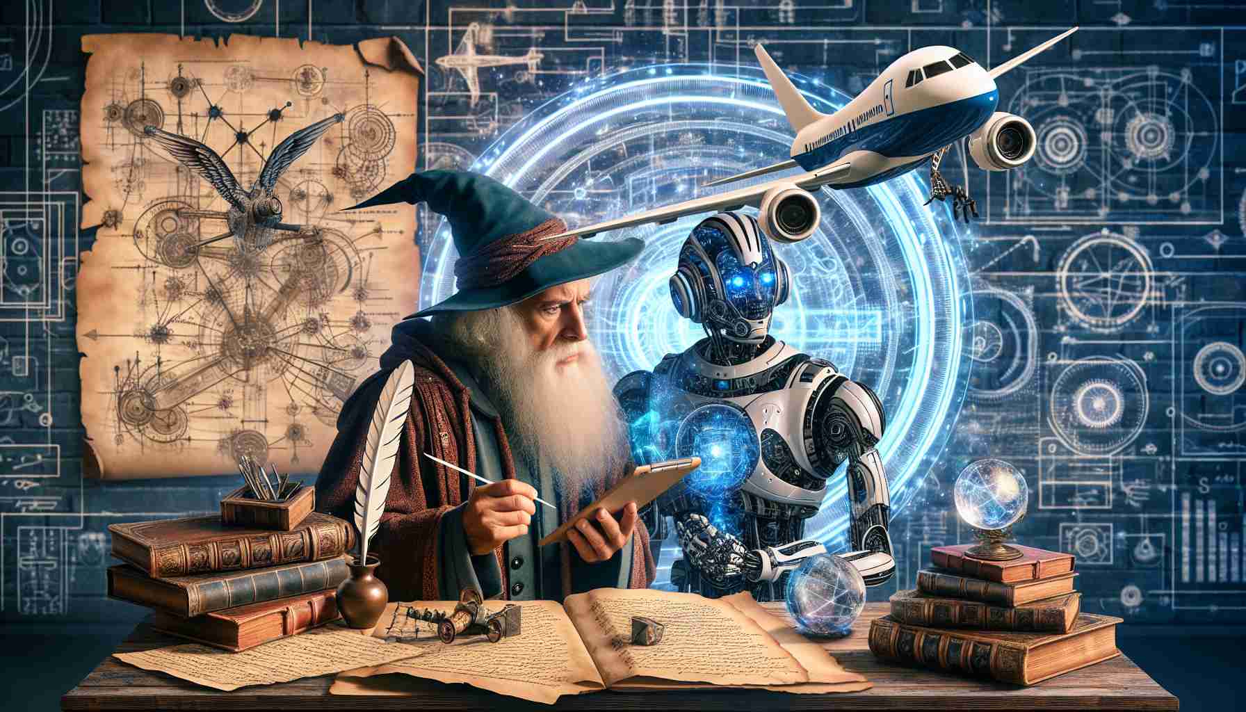 Generate an image depicting a collaboration between a renowned wizard and a technology company to advance aircraft autonomy. The wizard, symbolizing the ancient wisdom and magic, is brainstorming on a parchment with a quill. On the other side of the table, a robotic figure from the technology company, holding a digital tablet, is adding in computational prowess. They are both surrounded by intricate diagrams of a technologically advanced and autonomous aircraft. The setting is a mix of past and future, with elements like ancient books, a crystal ball, modern tech gadgets, blueprints of modern aircraft, all blended seamlessly.