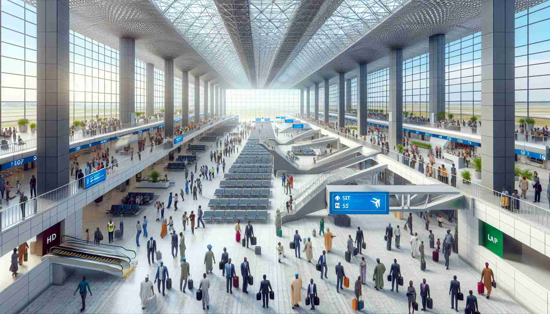 Realistic HD photo of an airport terminal in Nigeria representing remarkable progress in Aviation Compliance. The image should include renovations meeting international standards, newly installed state-of-the-art security systems, and airline staff and passengers representing diverse descents moving through the terminal.