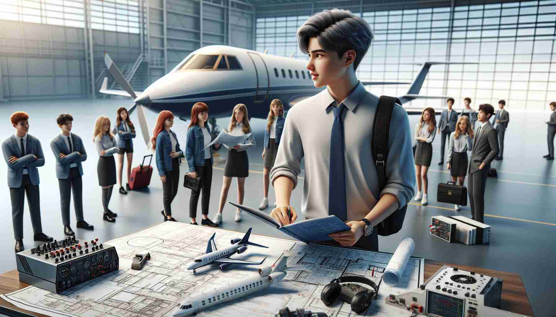 Realistic high-definition image showing students from a non-specific high school venturing into aviation. This could include scenes of students studying aviation mechanics, looking at blueprints of airplanes, operating flight simulator or physically standing next to a small aircraft or jet on the school grounds. There could be teachers supervising or guiding them. The image should capture the excitement and curiosity of these students as they embark on their journey into the world of aviation.