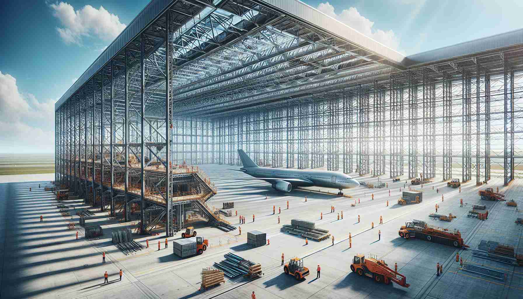 A realistic HD image showcasing the construction of a new, state-of-the-art hangar. This vast structure, made of sturdy steel beams and high-quality materials, is designed to revolutionize aircraft maintenance training. It's a bright, sunlit day with construction workers engaged in their tasks. You can envision different sections designated for different aircraft types and training purposes. The hangar also has advanced tools and equipment sorted in an organized manner. This image not only captures the architectural wonder but also encapsulates the potential it holds for changing the landscape of aircraft maintenance training.