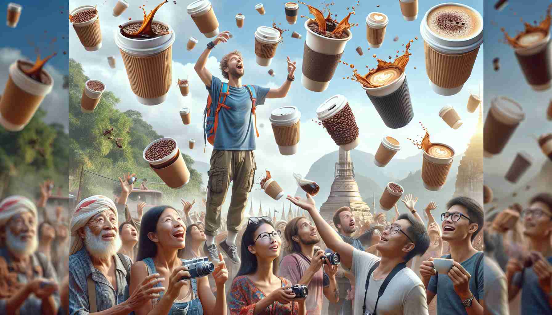 Realistically generated high-definition image showcasing airborne cups of coffee delighting a group of locals and travelers. The locals and travelers could include a diverse range of individuals such as a Caucasian male backpacker, a Middle-Eastern female tourist with a camera, a Hispanic young man savoring the smell of coffee, and a South Asian elderly woman watching the scene with a smile. In the sky above, various cups of coffee, featuring different styles and sizes, appear to be floating, defying gravity. The magical scene creates a sense of delight and marvel among the spectators, adding a surreal vibe to the otherwise ordinary day.