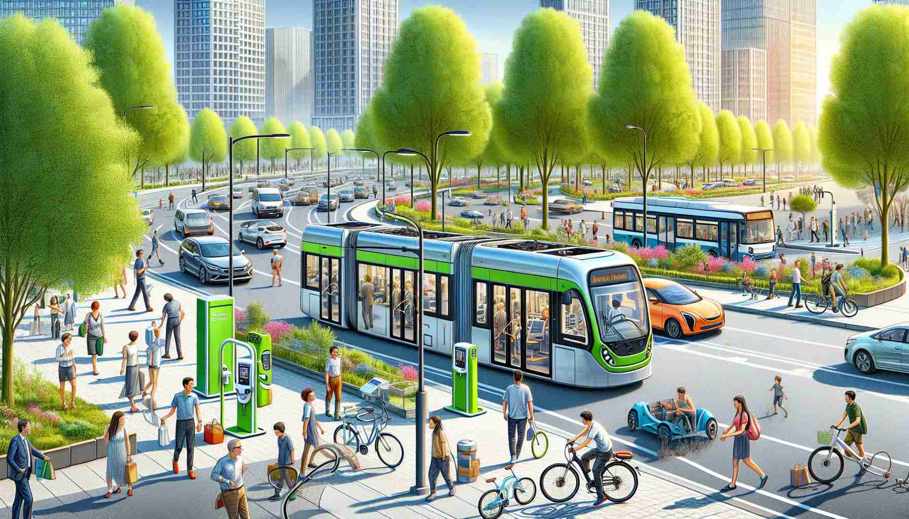 A detailed and high-definition image of a scene that represents the revitalization of sustainable transportation in Broome County. The image features efficient public transport vehicles like electric buses and trams, people using bicycles, and pedestrians walking on tree-lined sidewalks. A few eco-friendly charging stations for electric vehicles are also seen scattered around. High-rise buildings in the backdrop hint at the urban location of the county. The scene vibrantly captures the essence of sustainable living and green transportation.