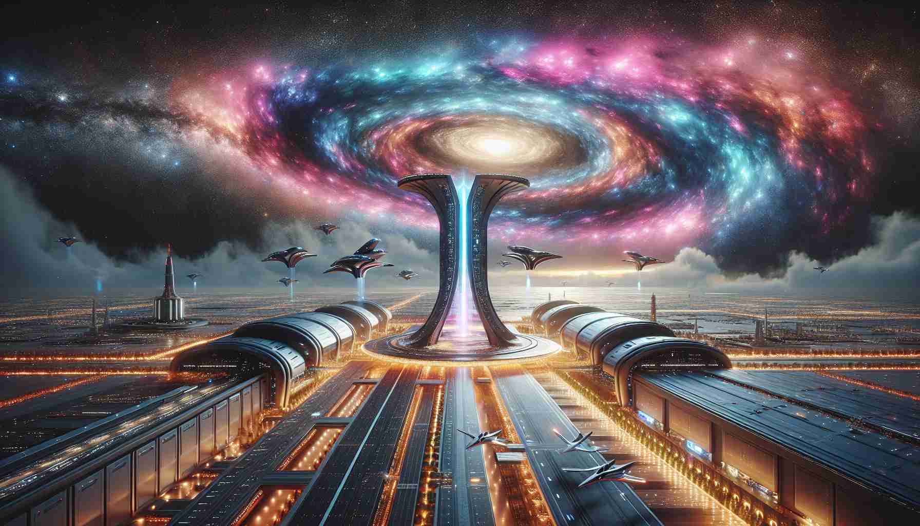 Create a photorealistic HD image showcasing a skyport in a revolutionary design. Place this skyport at an impressive cosmic gateway, a floating space junction which serves as the transition point between different dimensions. The gateway should shimmer with otherworldly colors, reflecting cosmic energies. Surround the skyport with futuristic flying machines, ready to take off or just arriving. The design aspects should scream advanced technology with energy-efficient infrastructure. Give the skyport structures sweeping, aerodynamic lines, and creatively use lights to enhance the visualization of this monumental construction.