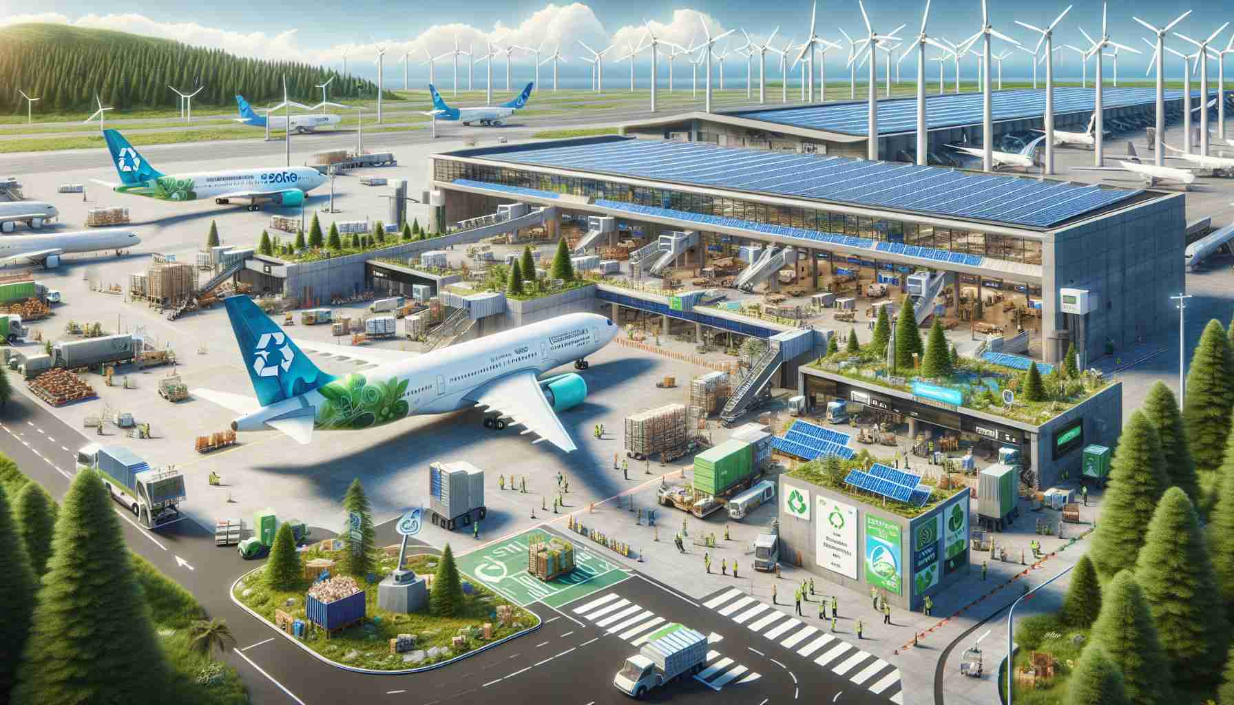 A realistic high definition image showcasing airports and airlines embracing sustainability efforts. The scene includes large fuel-efficient airplanes branded with eco-friendly logos parked at the terminals. Solar panels are installed onto airport buildings, and trees recently planted nearby, serving as carbon sinks. Environmental manifestos and signs promoting recycling and reducing carbon footprints are visible in the foreground. Process of waste segregation and installation of wind turbines can also be seen in the skin. People inside the airport come in a variety of descents and genders, busying themselves in their roles supporting this green initiative.