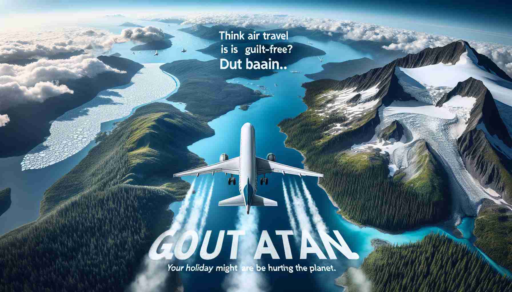 An HD quality image, designed with realistic lighting and perspective, depicting the concept of air travel's environmental impact. The main visual elements are a commercial jet mid-flight, surrounded by natural beauty - perhaps a deep blue ocean, untouched forests, or grand mountain ranges. This is contrasted with subtle symbols of pollution and global warming, like a faint smog over the horizon, or an ice cap beginning to melt in the distance. Overlaying this scenic view is a bold statement written in eye-catching typeface that reads, 'Think Air Travel is Guilt-Free? Think Again! Your Holiday Flights Might Be Hurting the Planet.'