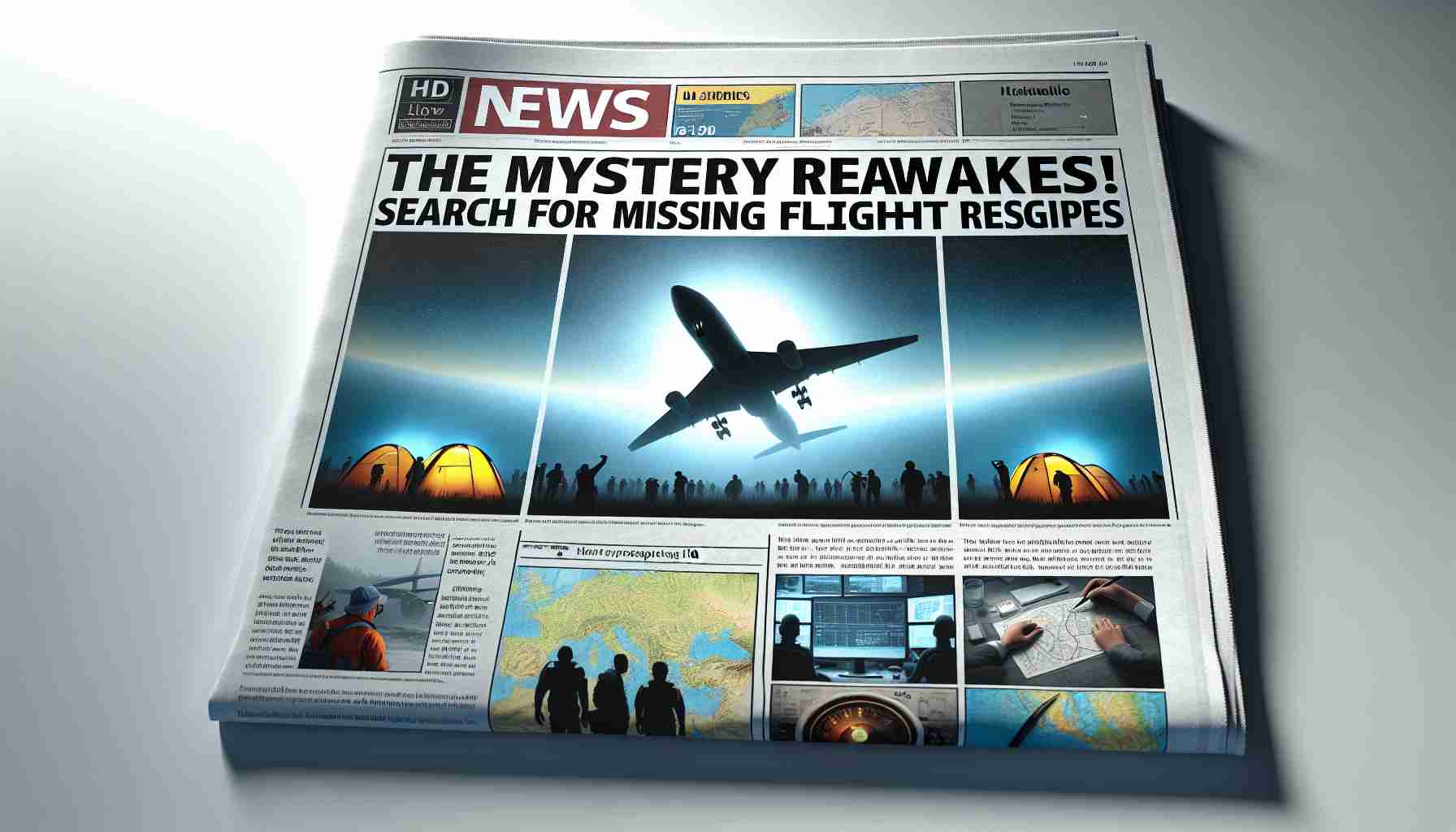 Generate a realistic HD image of a news headline reading 'The Mystery Reawakens! Search for Missing Flight Resumes'. Visualize this as the front page of a newspaper, with corresponding imagery such as a search team preparing their equipment, maps being studied, and a plane silhouette against the backdrop of a sky.