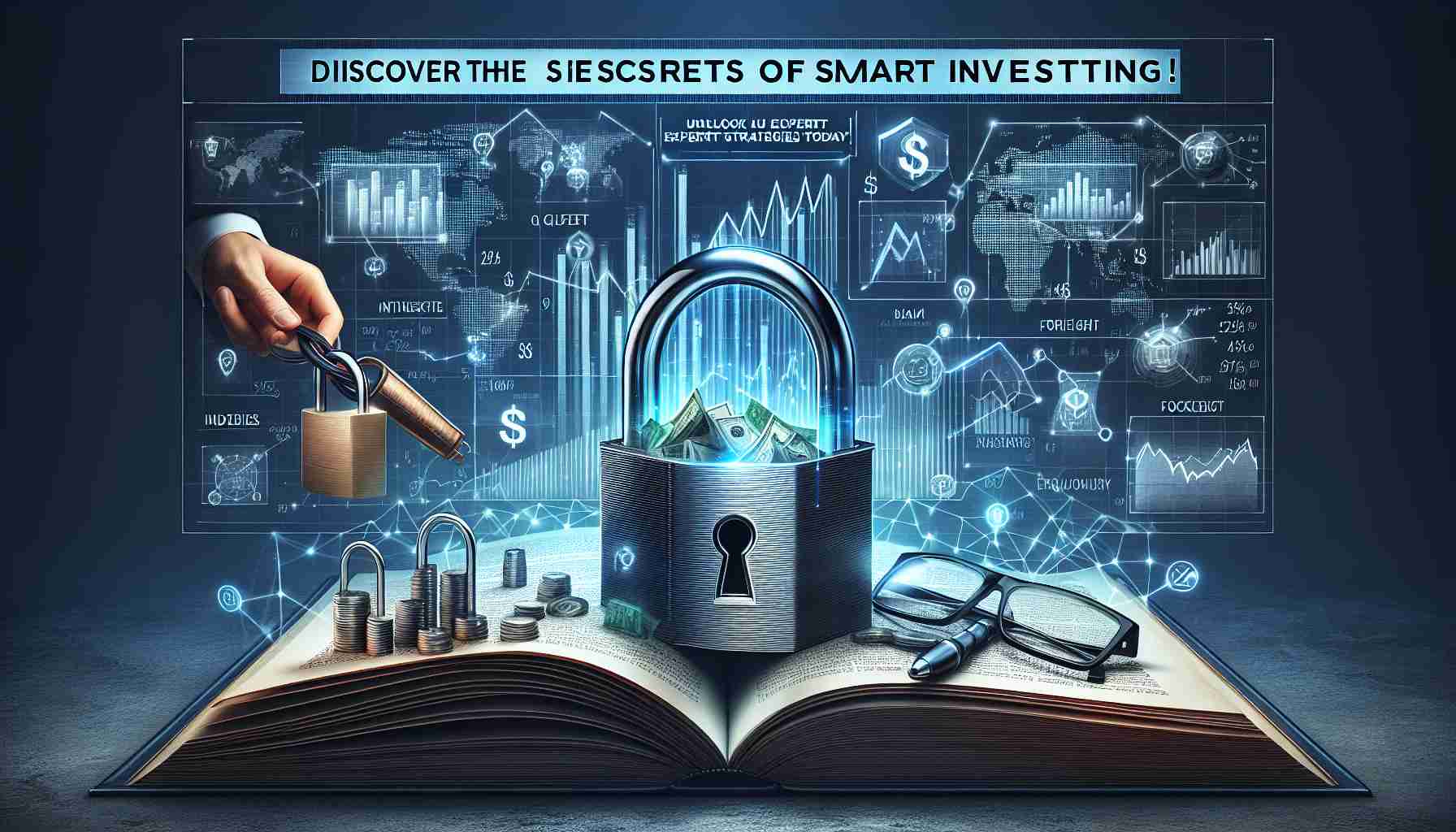 A high-definition, realistic illustration that portrays the concept of discovering the secrets of smart investing. It could include various symbols related to finance and investment, such as a lock being unlocked, indices being plotted on a graph, an open book with illustrations of stock market strategies, and a pair of glasses suggesting expertise. The atmosphere should inspire wisdom, foresight and prosperity. The caption 'Discover the Secrets of Smart Investing! Unlock Expert Strategies Today!' is beautifully written somewhere on the design.