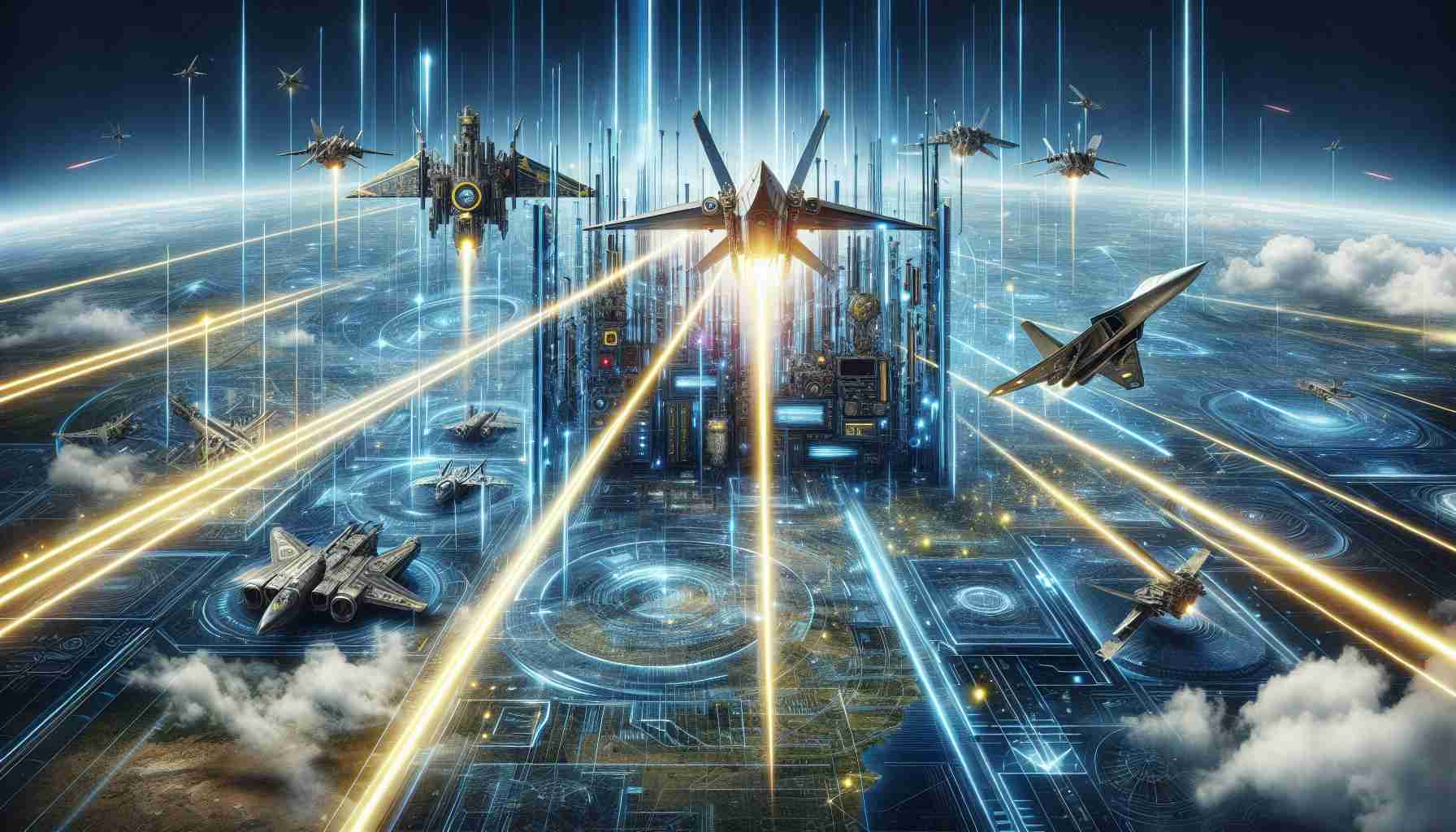 Realistic high-definition image showcasing the conceptual illustration of Ukraine's bold advancement into laser warfare which might be a paradigm shift for air defense systems. This includes depiction of innovative laser-based weapons systems, futuristic sky filled with advanced technology, and dynamic scenes of laser beams cutting through the air. Overall, it symbolizes the power and sophistication of modern warfare technologies.