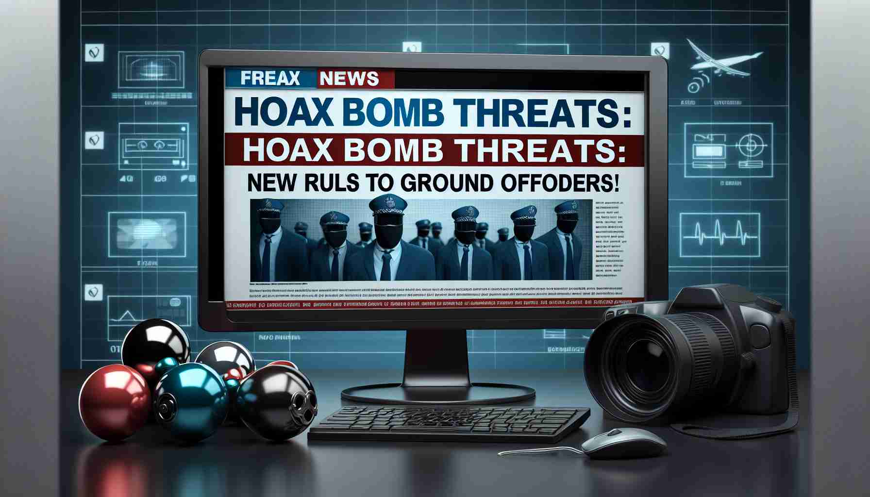 A realistic HD image of a news headline reading 'Hoax Bomb Threats: New Rules to Ground Offenders!' with a generic image in the background indicating tightened security measures such as surveillance cameras and security audits.