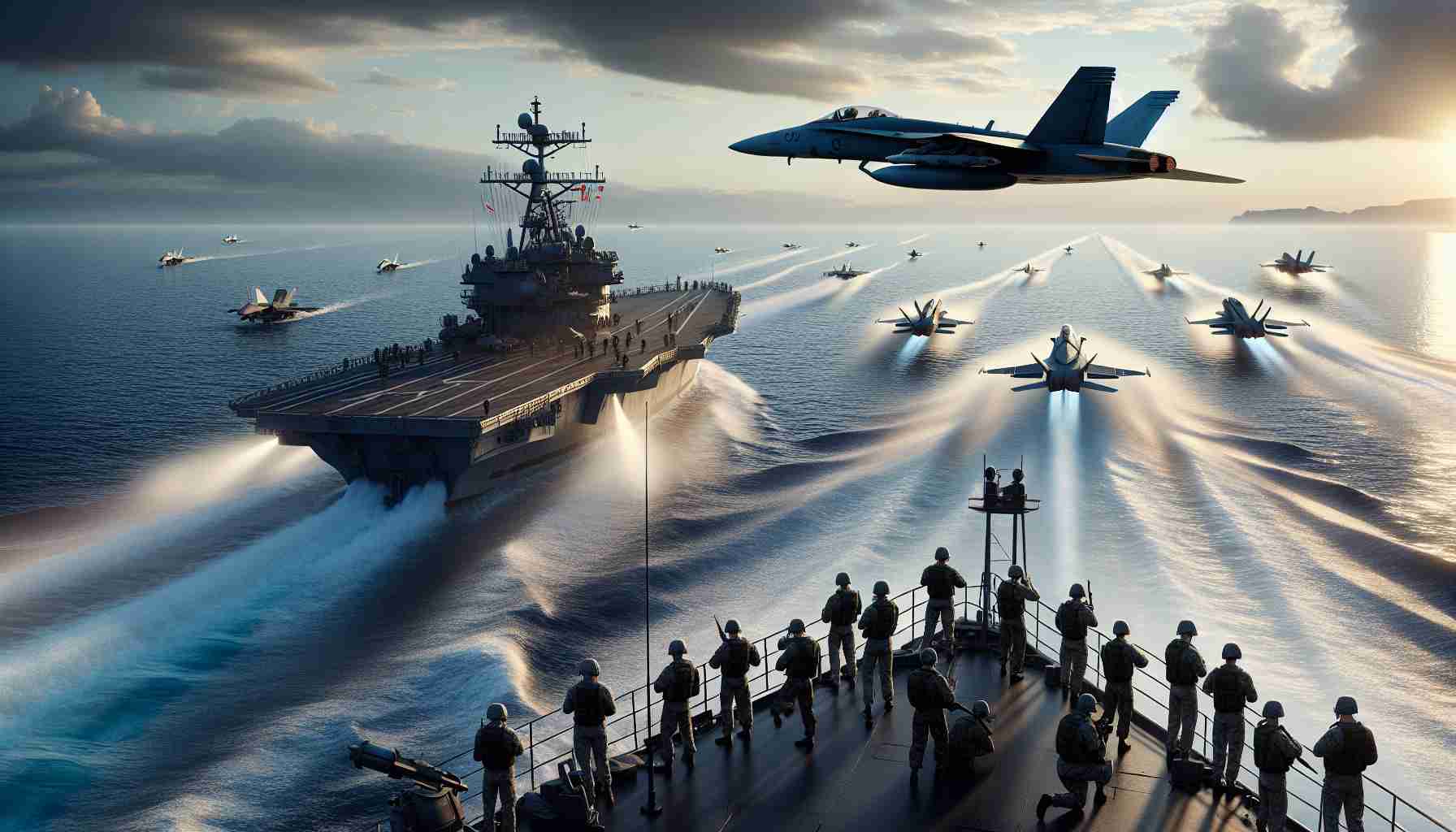 A high-definition, realistic portrayal of a groundbreaking naval exercise. The scene should depict cutting-edge marine technology and modern vessels performing training exercises on the open sea. Fighter aircraft should also be included, soaring new heights, their silhouettes juxtaposing against the vast sky in a display of advanced flight training maneuvers. Military personnel of various genders and descent, such as Caucasian, Hispanic, Middle-Eastern, South Asian, Black, and others, should be seen coordinating the operation with precision and efficiency.